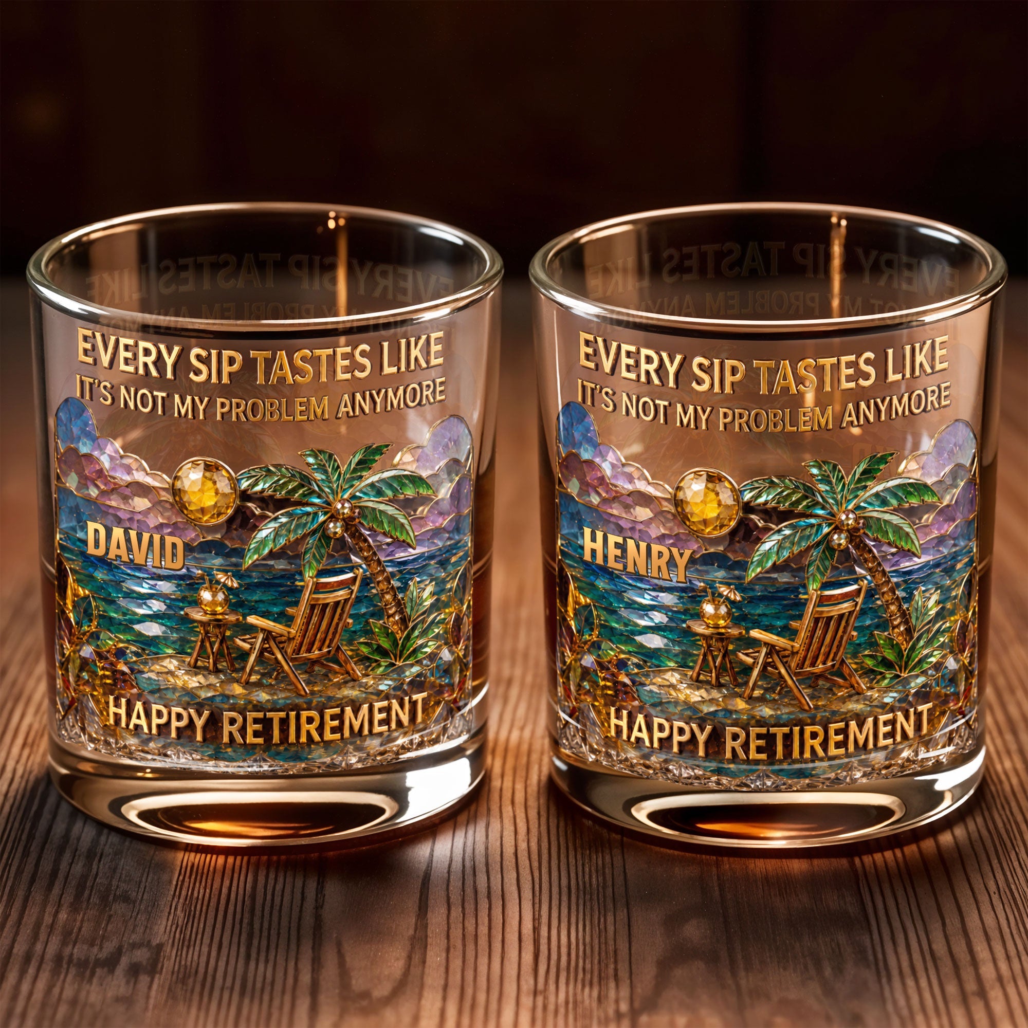 Every Sip Tastes Like Not My Problem Anymore Palm Tree Beach Retirement - Personalized Custom Whiskey Glass - RETIRE229_RWG