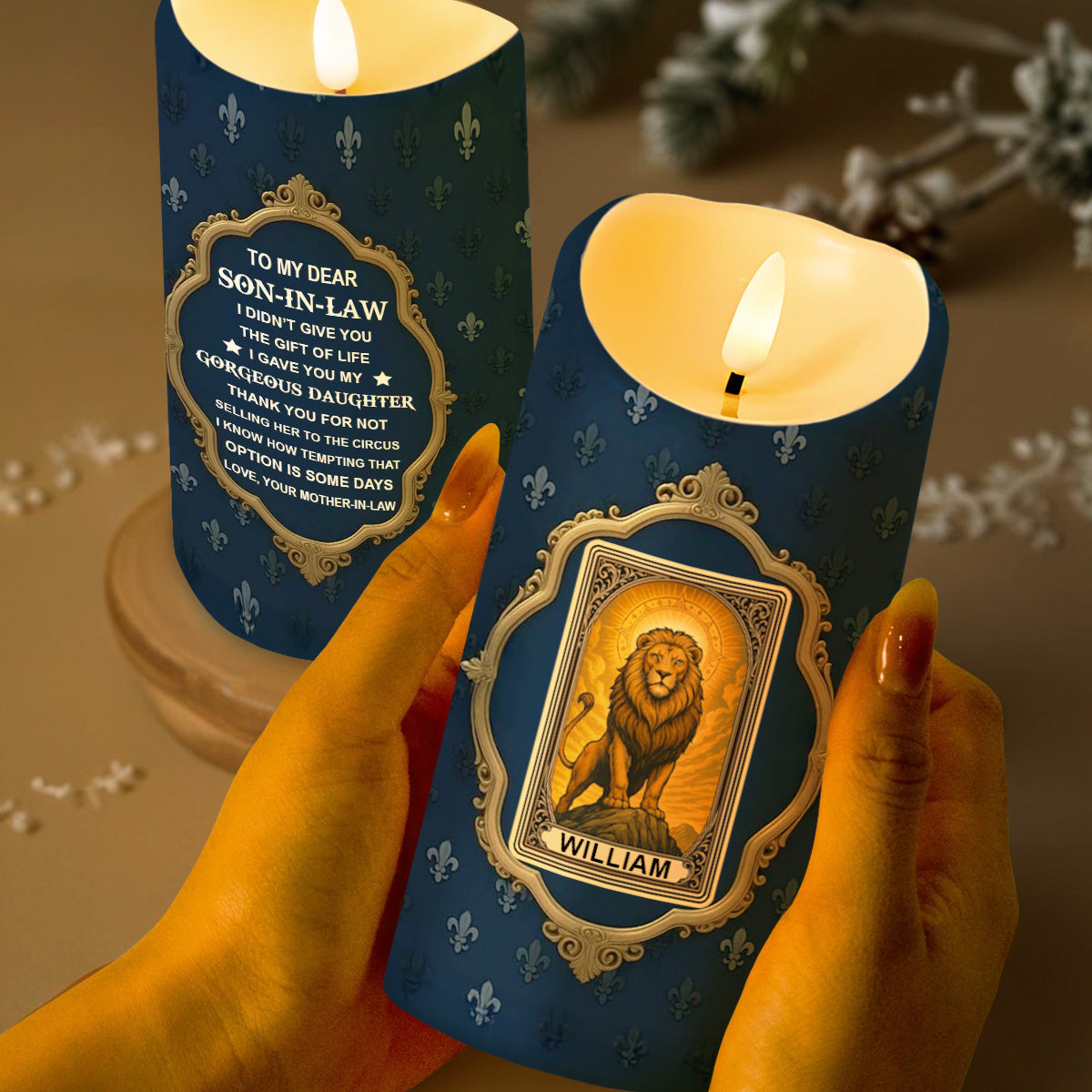 To My Dear Son-In-Law, Lion Frame Design - Personalized Custom LED Candle - SILA006_LECA