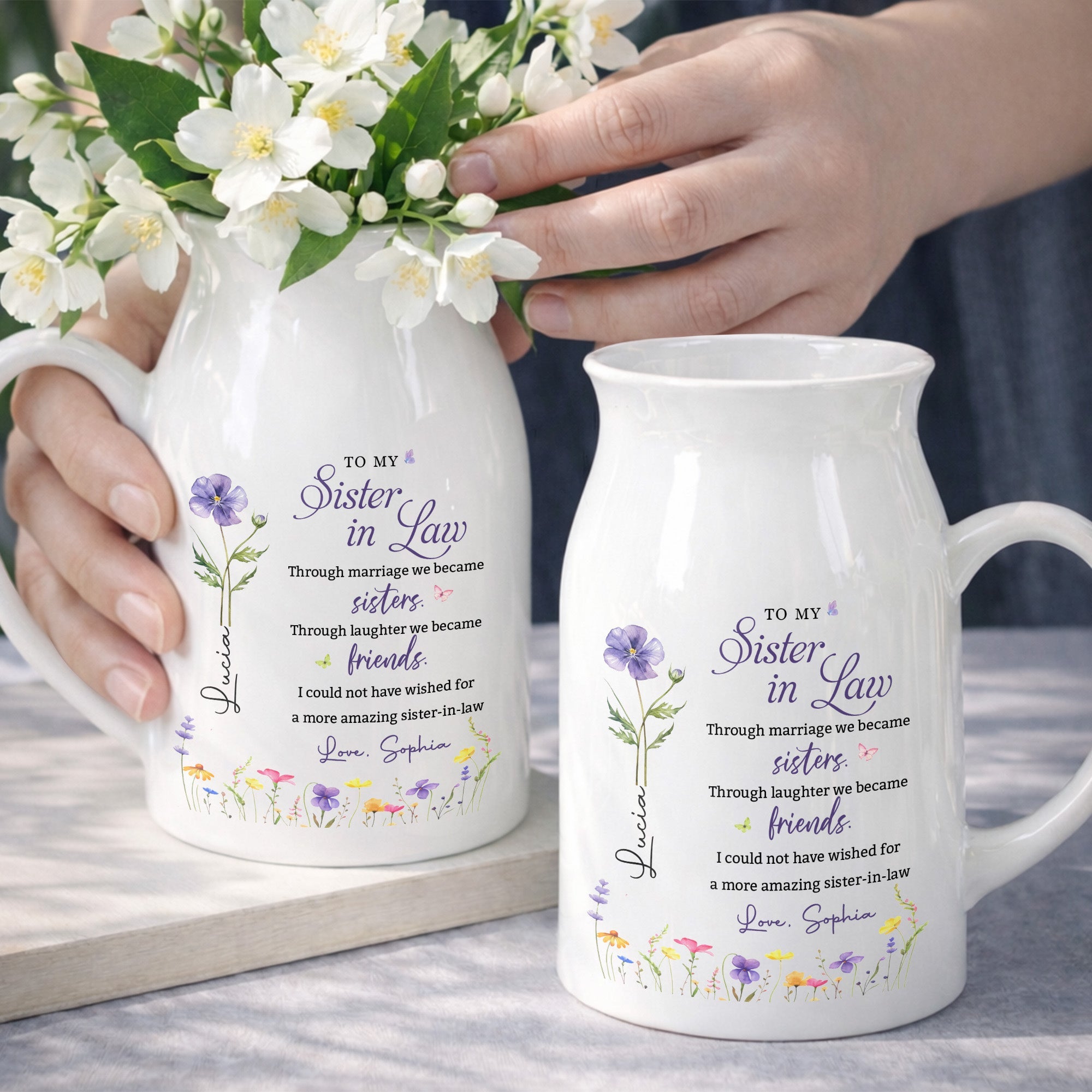To My Sister In Law Through Marriage We Became Sisters Birth Month Flower - Personalized Ceramic Flower Vase