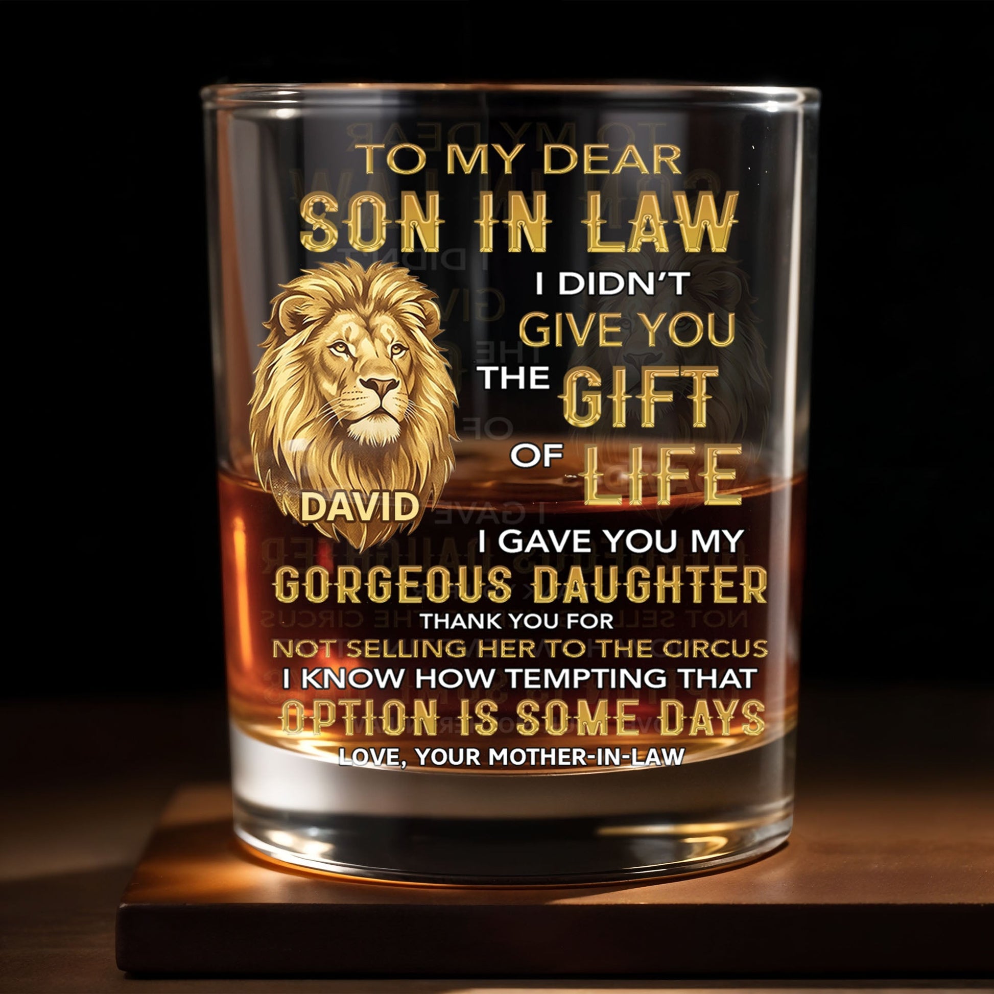 To My Dear Son In Law Lion I Gave You My Gorgeous Daughter - Personalized Custom Whiskey Glass - SILA011_RWG