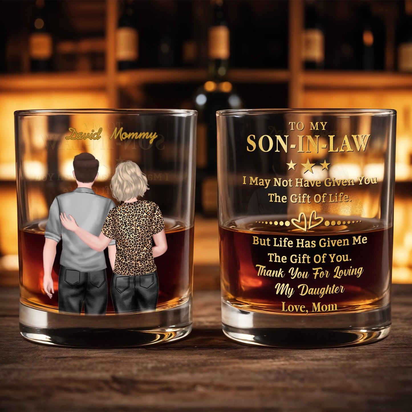 To My Son In Law Life Has Given Me The Gift Of You Hugging Couple - Personalized Custom Whiskey Glass - SILA022_RWG