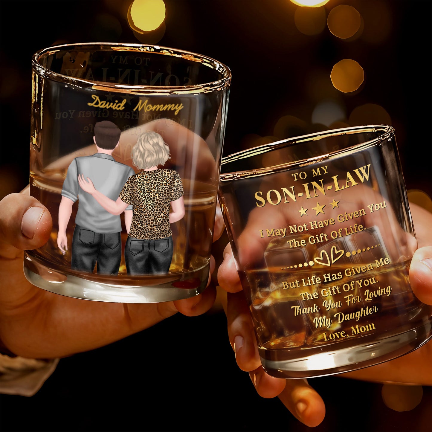 To My Son In Law Life Has Given Me The Gift Of You Hugging Couple - Personalized Custom Whiskey Glass - SILA022_RWG