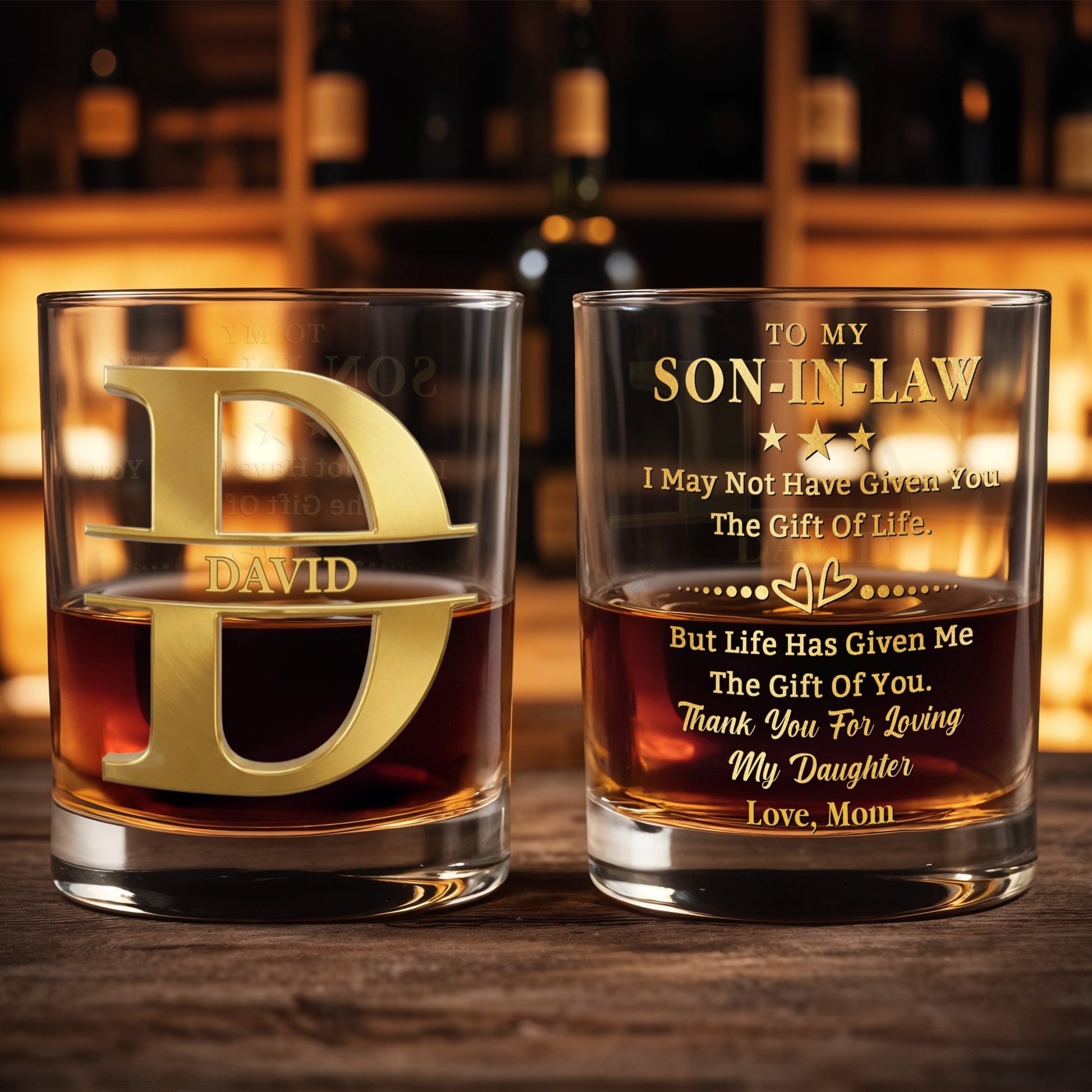 To My Son In Law Gift Of You Golden Alphabet Art - Personalized Custom Whiskey Glass - SILA023_RWG