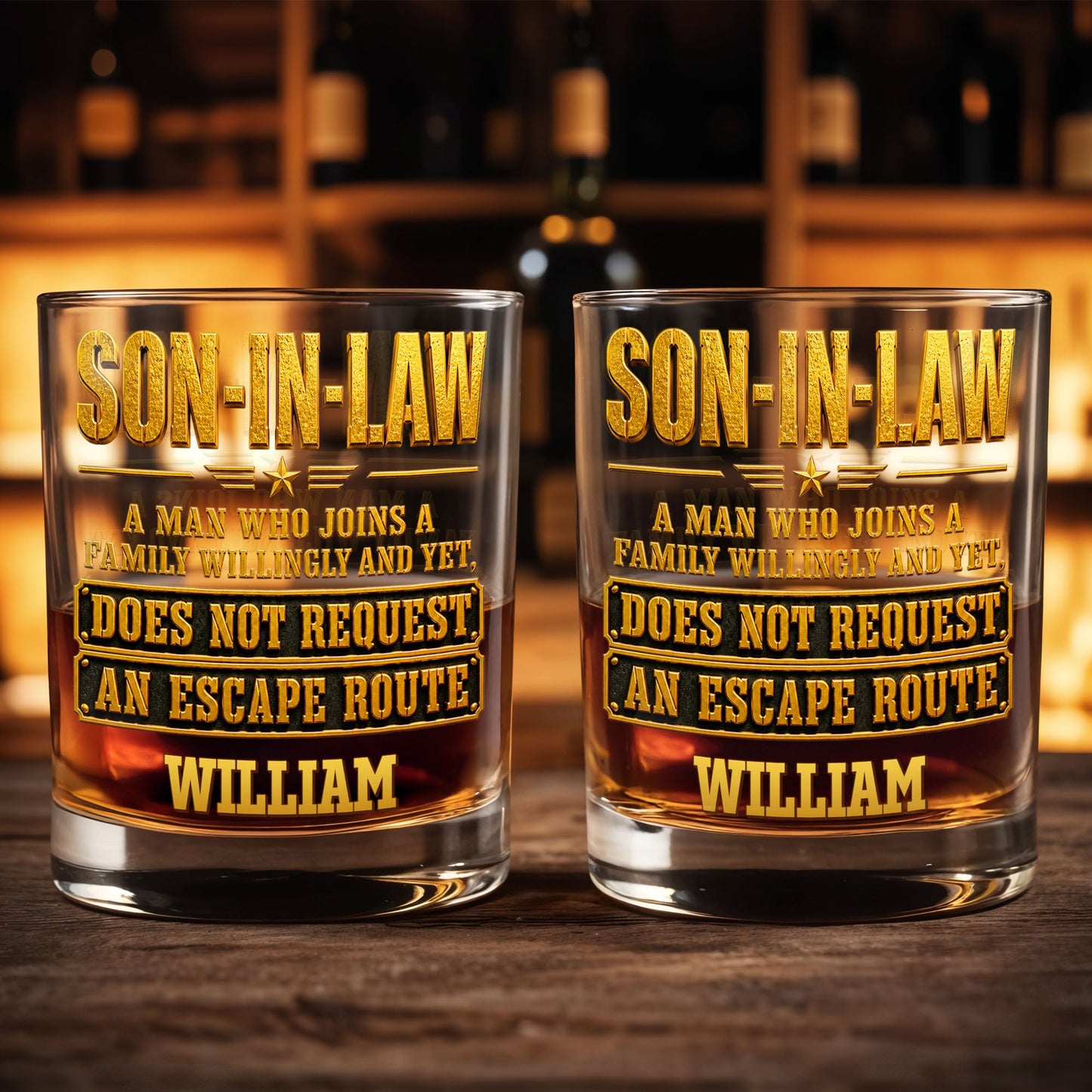 Son In Law A Man Who Joins A Family Willingly With 3D Golden Star Design - Personalized Custom Whiskey Glass - SILA028_RWG