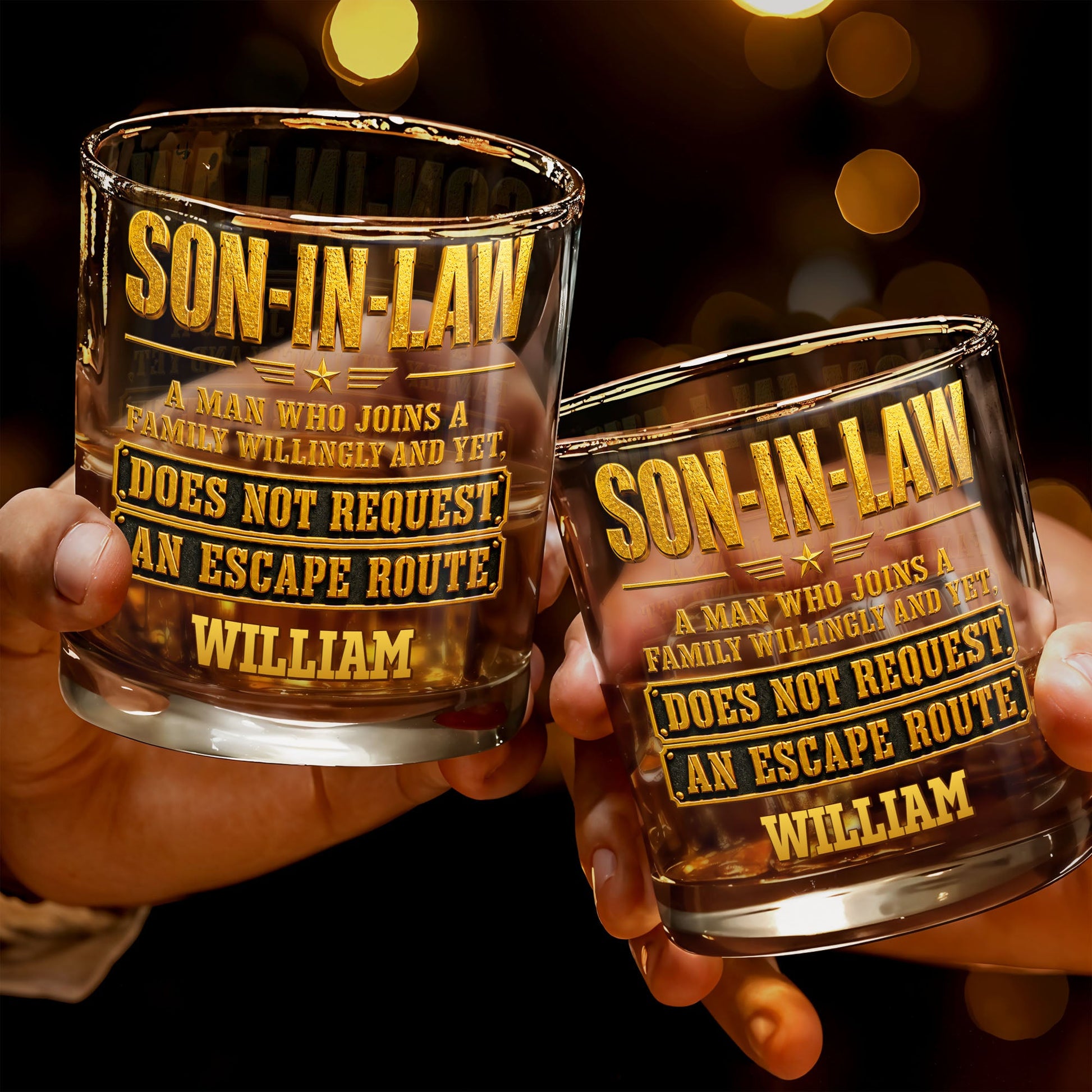 Son In Law A Man Who Joins A Family Willingly With 3D Golden Star Design - Personalized Custom Whiskey Glass - SILA028_RWG
