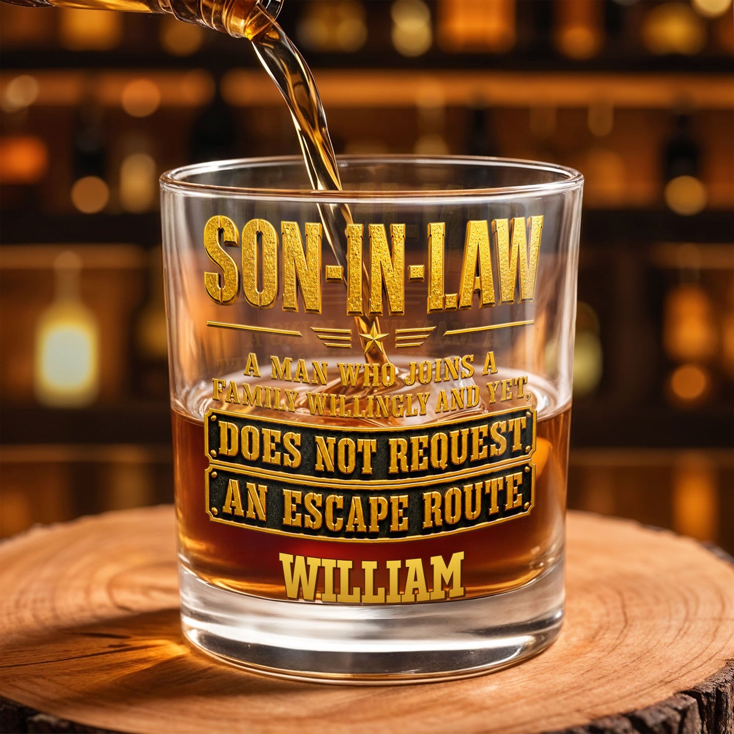 Son In Law A Man Who Joins A Family Willingly With 3D Golden Star Design - Personalized Custom Whiskey Glass - SILA028_RWG