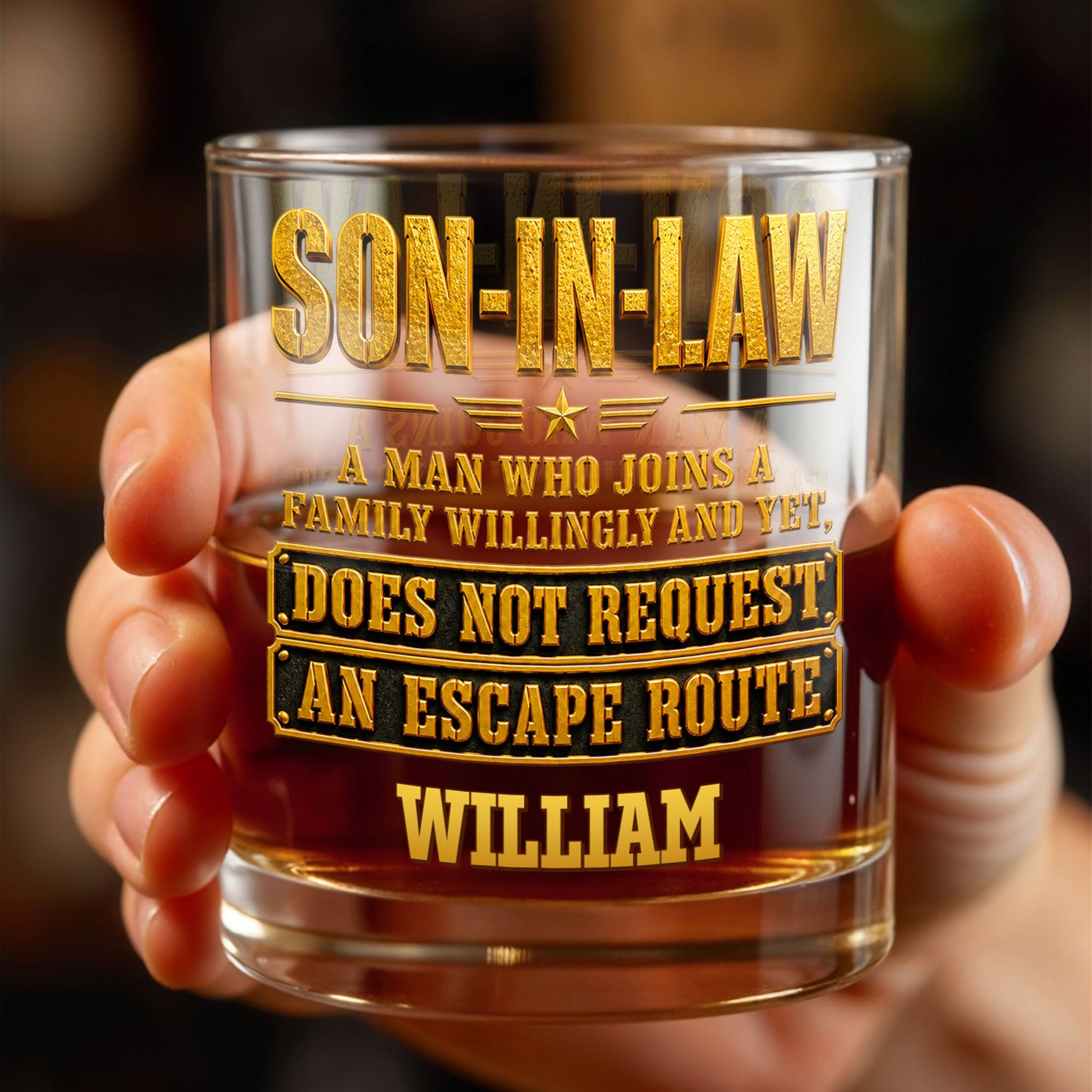 Son In Law A Man Who Joins A Family Willingly With 3D Golden Star Design - Personalized Custom Whiskey Glass - SILA028_RWG