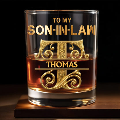To My Son In Law Custom Golden Alphabet Art Monogram - Personalized Custom Whiskey Glass - SILA030_RWG