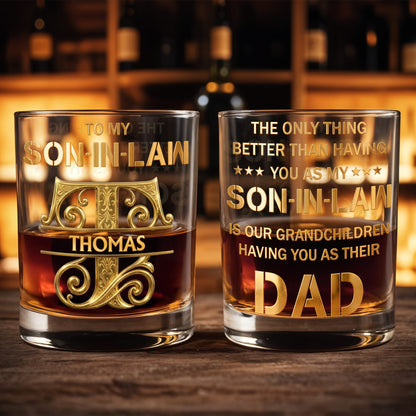 To My Son In Law Custom Golden Alphabet Art Monogram - Personalized Custom Whiskey Glass - SILA030_RWG