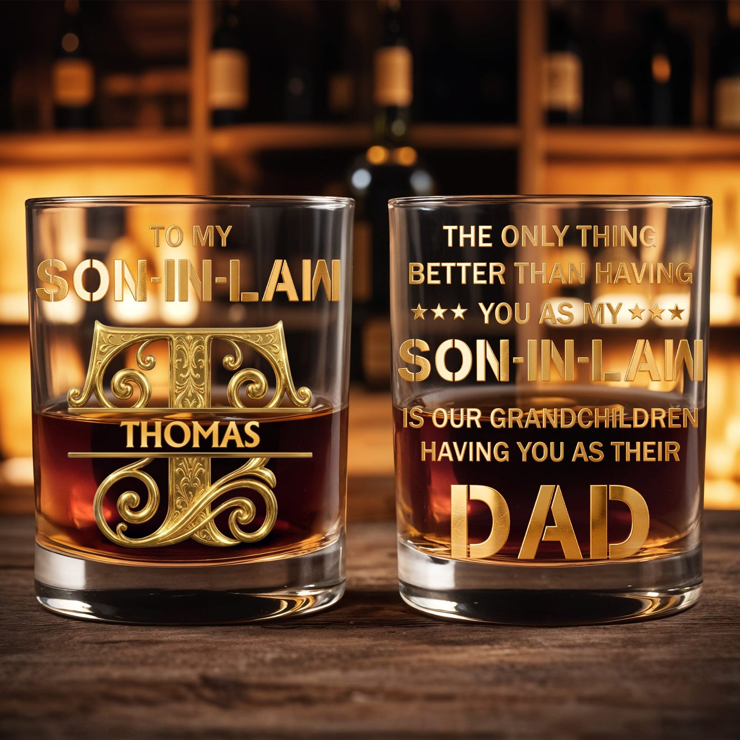To My Son In Law Custom Golden Alphabet Art Monogram - Personalized Custom Whiskey Glass - SILA030_RWG