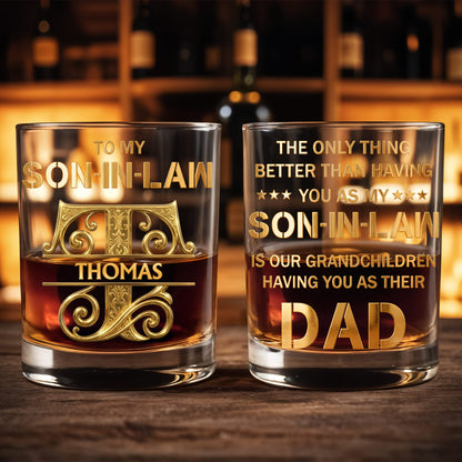 To My Son In Law Custom Golden Alphabet Art Monogram - Personalized Custom Whiskey Glass - SILA030_RWG