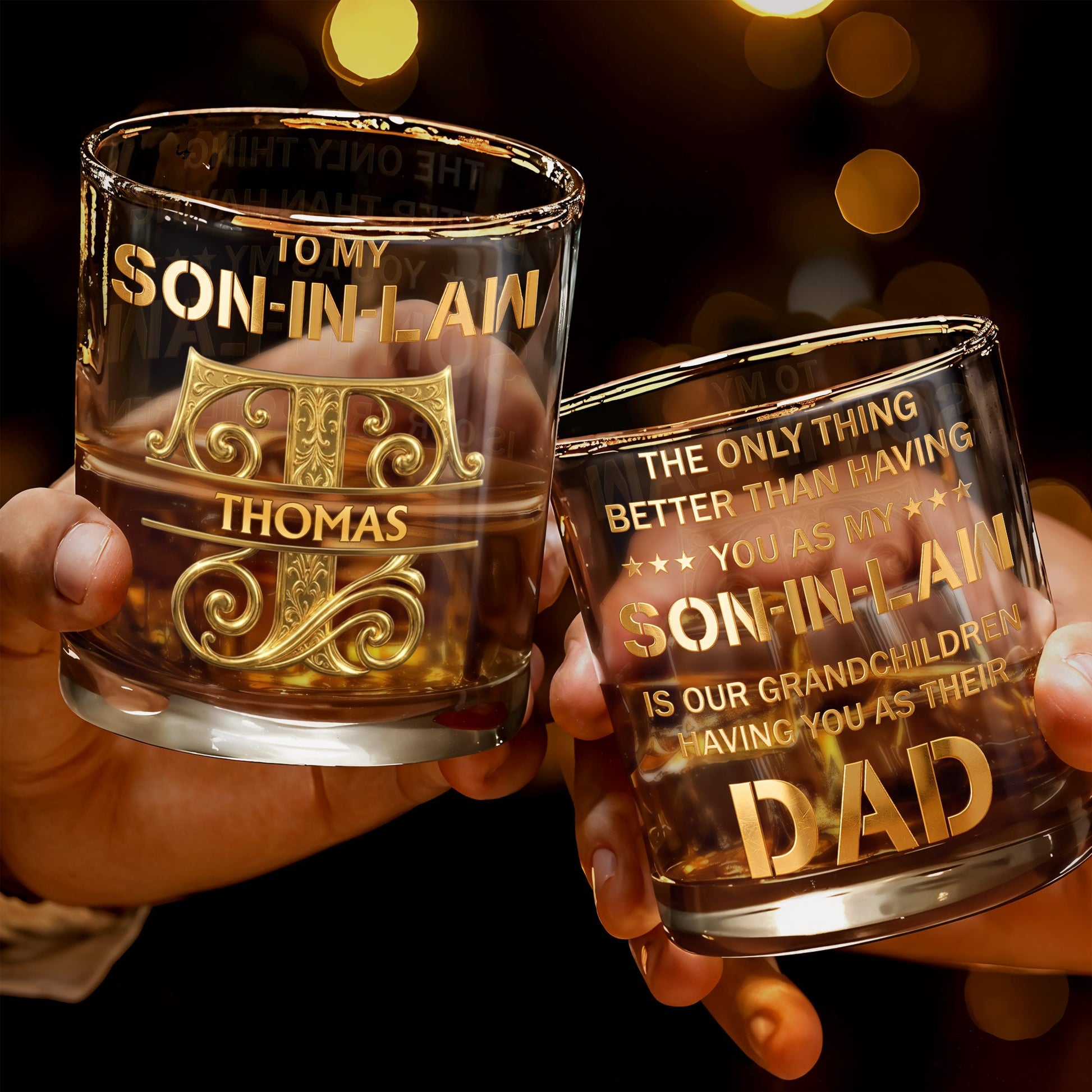 To My Son In Law Custom Golden Alphabet Art Monogram - Personalized Custom Whiskey Glass - SILA030_RWG