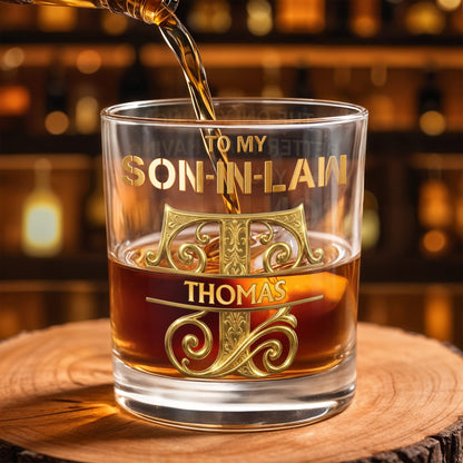 To My Son In Law Custom Golden Alphabet Art Monogram - Personalized Custom Whiskey Glass - SILA030_RWG