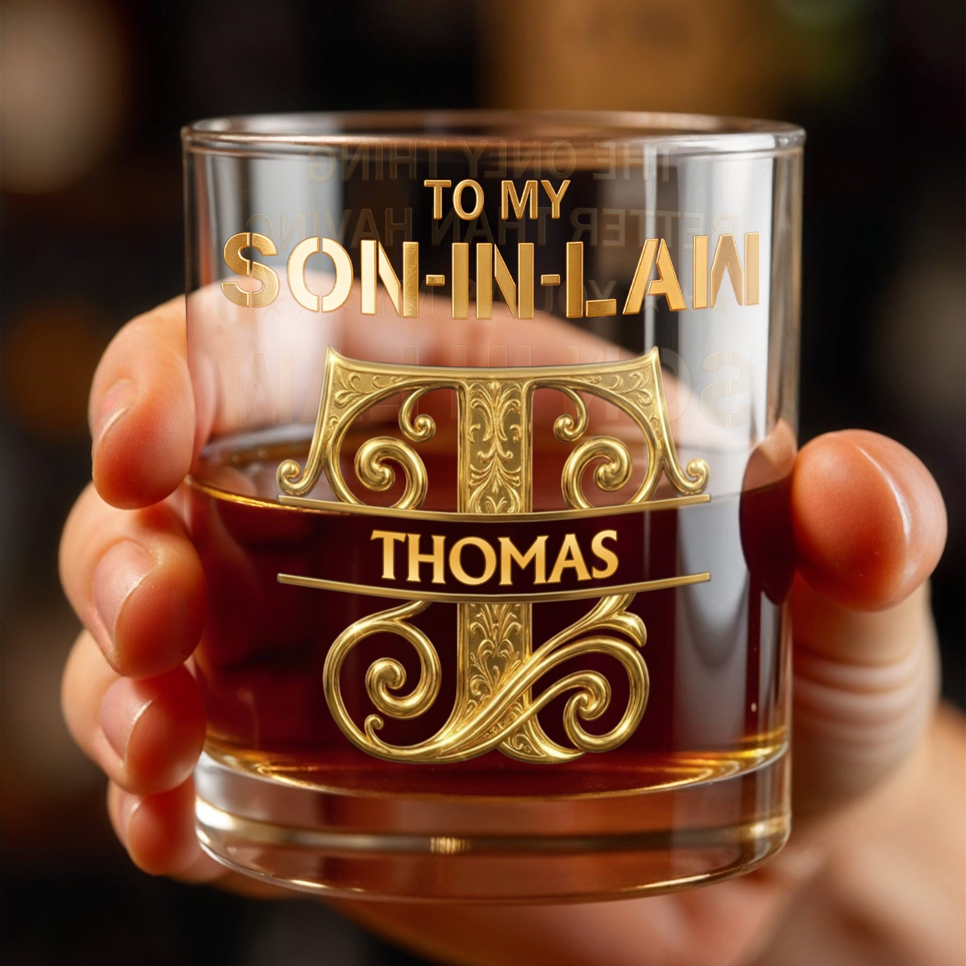 To My Son In Law Custom Golden Alphabet Art Monogram - Personalized Custom Whiskey Glass - SILA030_RWG