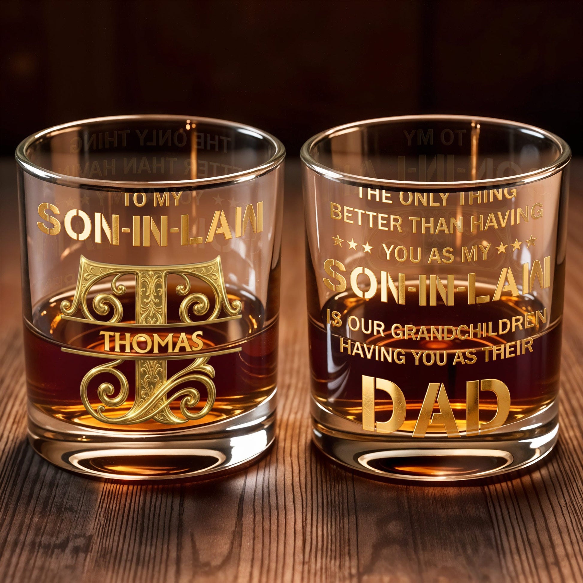 To My Son In Law Custom Golden Alphabet Art Monogram - Personalized Custom Whiskey Glass - SILA030_RWG