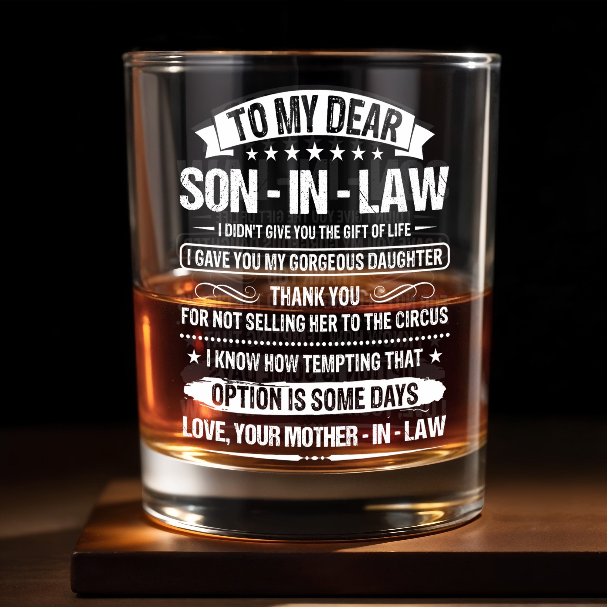 To My Dear Son In Law Typography Stars Decorative Gift - Personalized Custom Whiskey Glass - SILA038_RWG