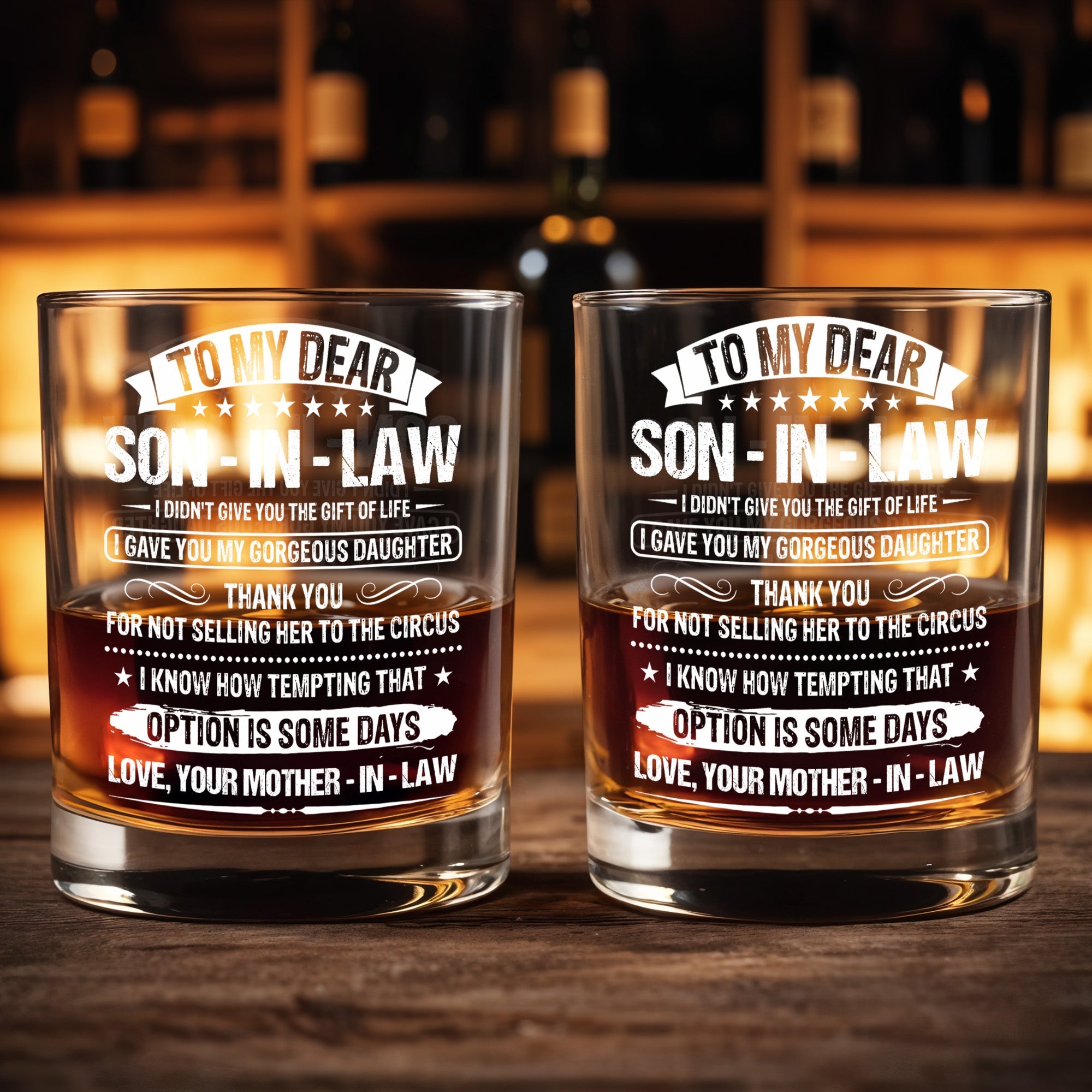 To My Dear Son In Law Typography Stars Decorative Gift - Personalized Custom Whiskey Glass - SILA038_RWG