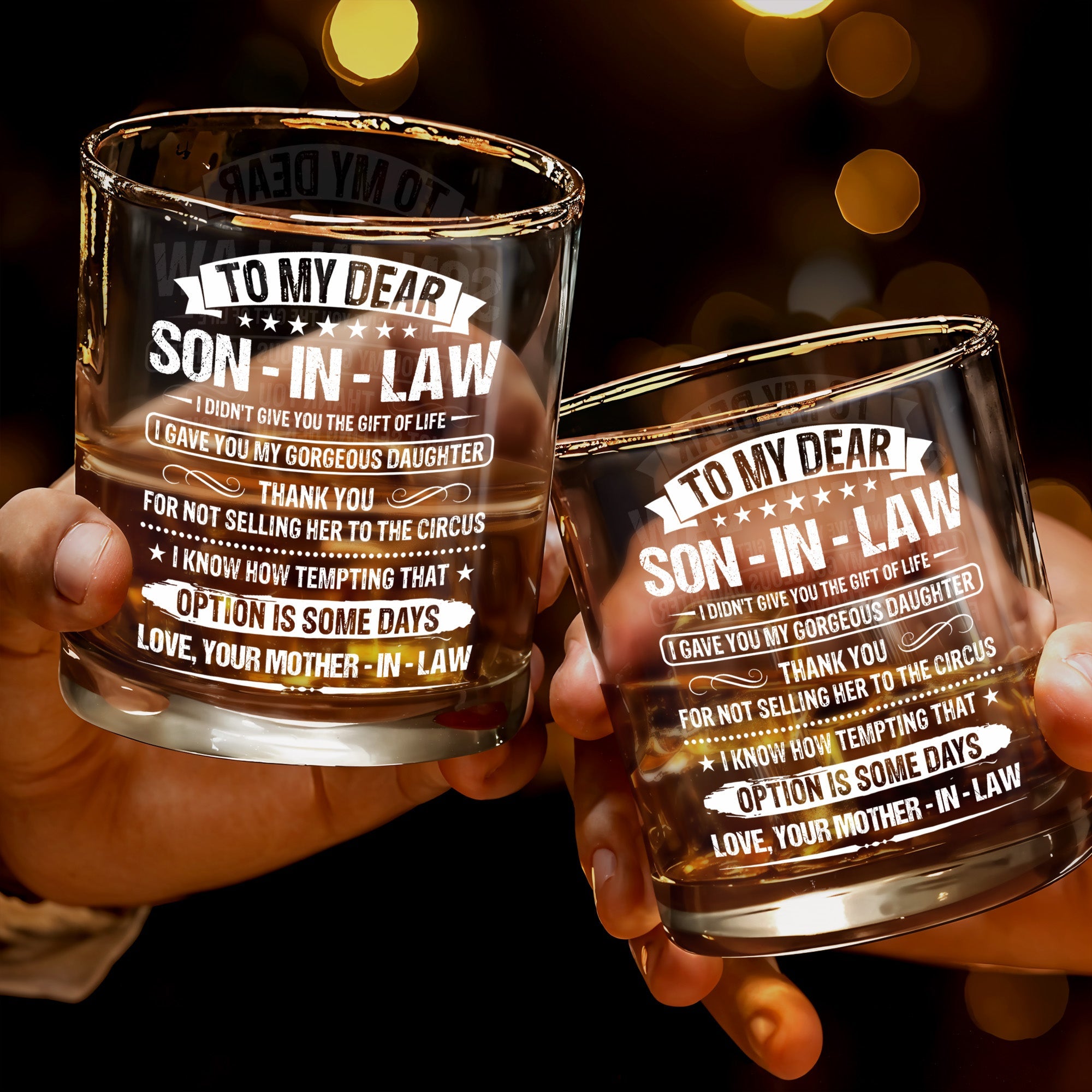 To My Dear Son In Law Typography Stars Decorative Gift - Personalized Custom Whiskey Glass - SILA038_RWG
