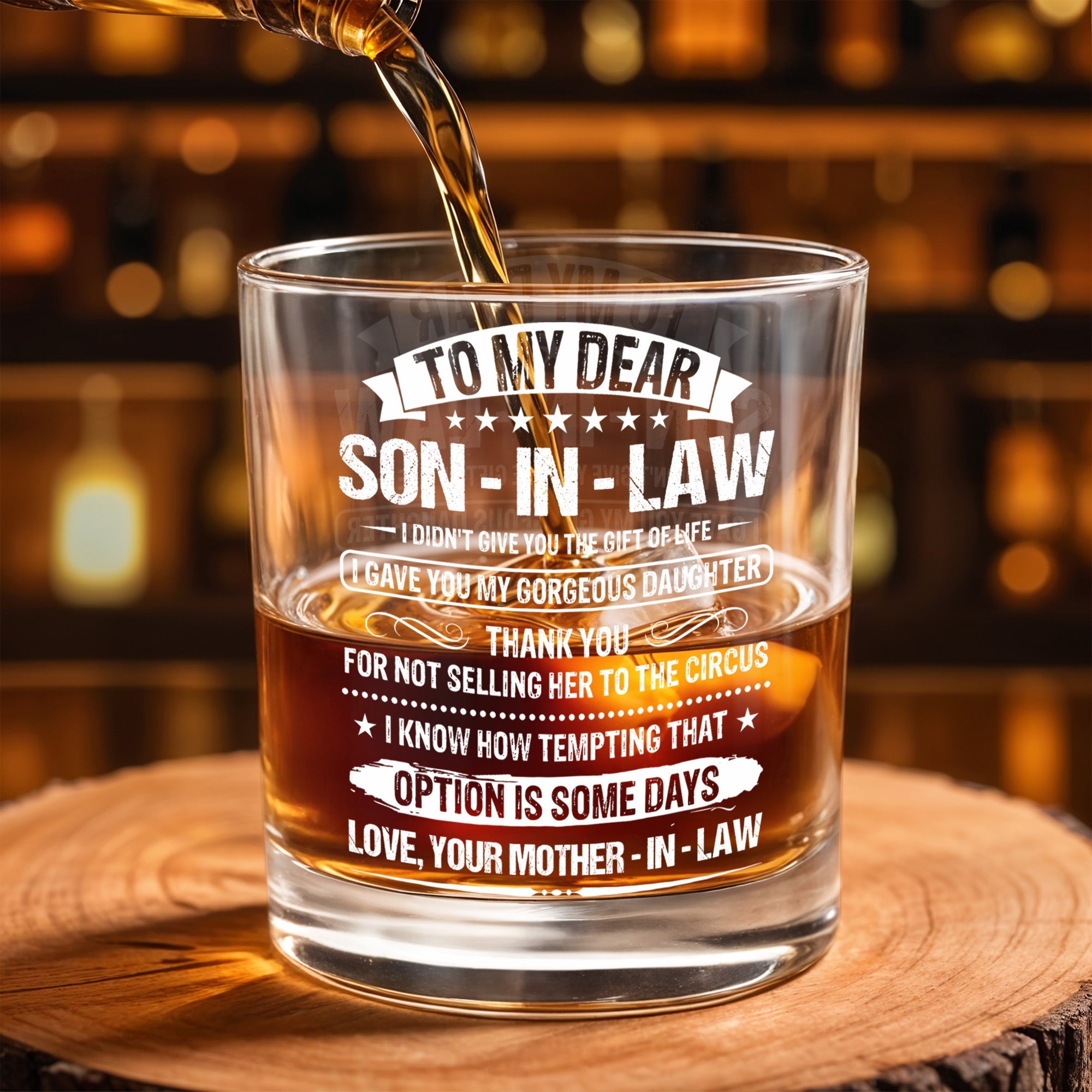 To My Dear Son In Law Typography Stars Decorative Gift - Personalized Custom Whiskey Glass - SILA038_RWG
