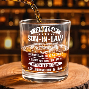 To My Dear Son In Law Typography Stars Decorative Gift - Personalized Custom Whiskey Glass - SILA038_RWG
