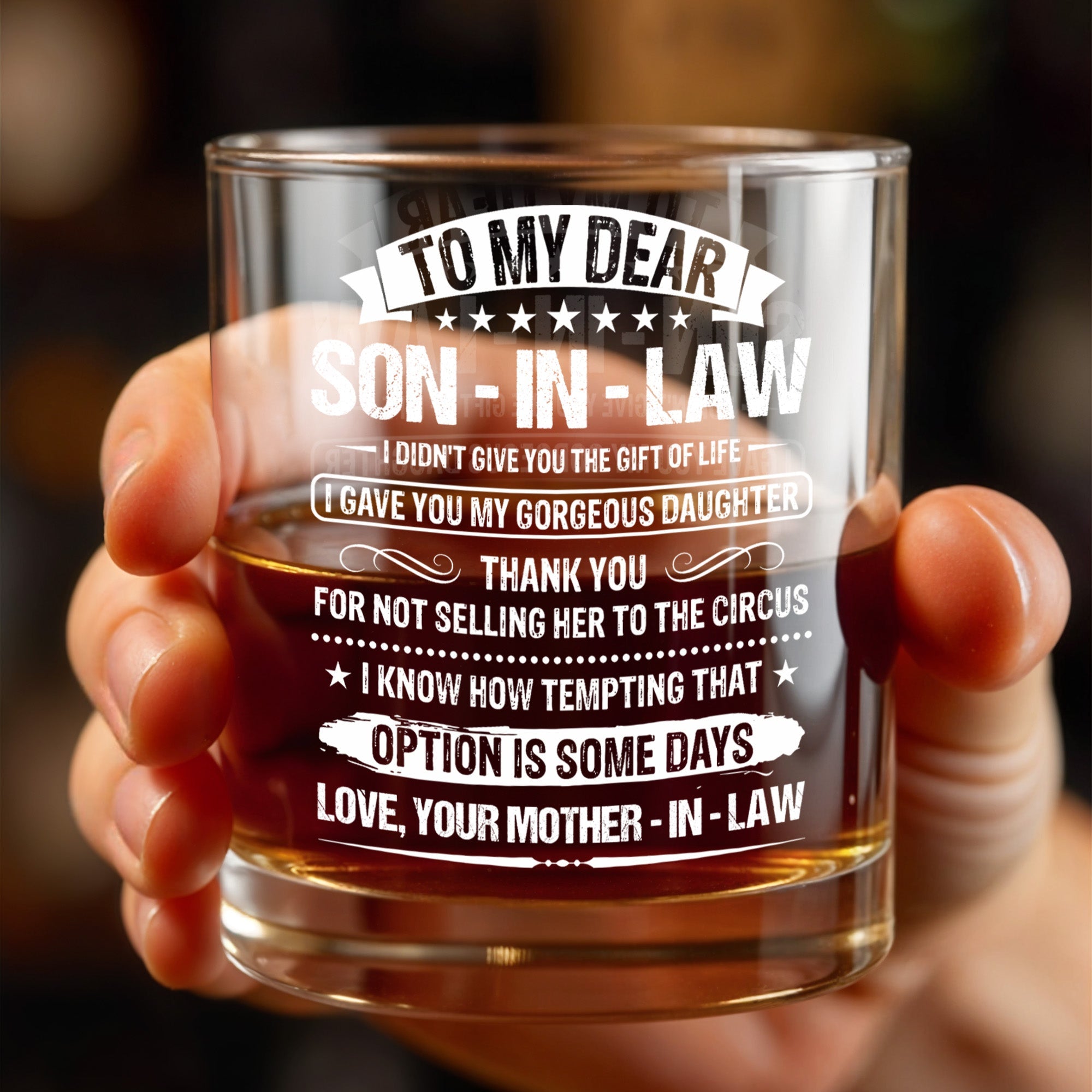To My Dear Son In Law Typography Stars Decorative Gift - Personalized Custom Whiskey Glass - SILA038_RWG