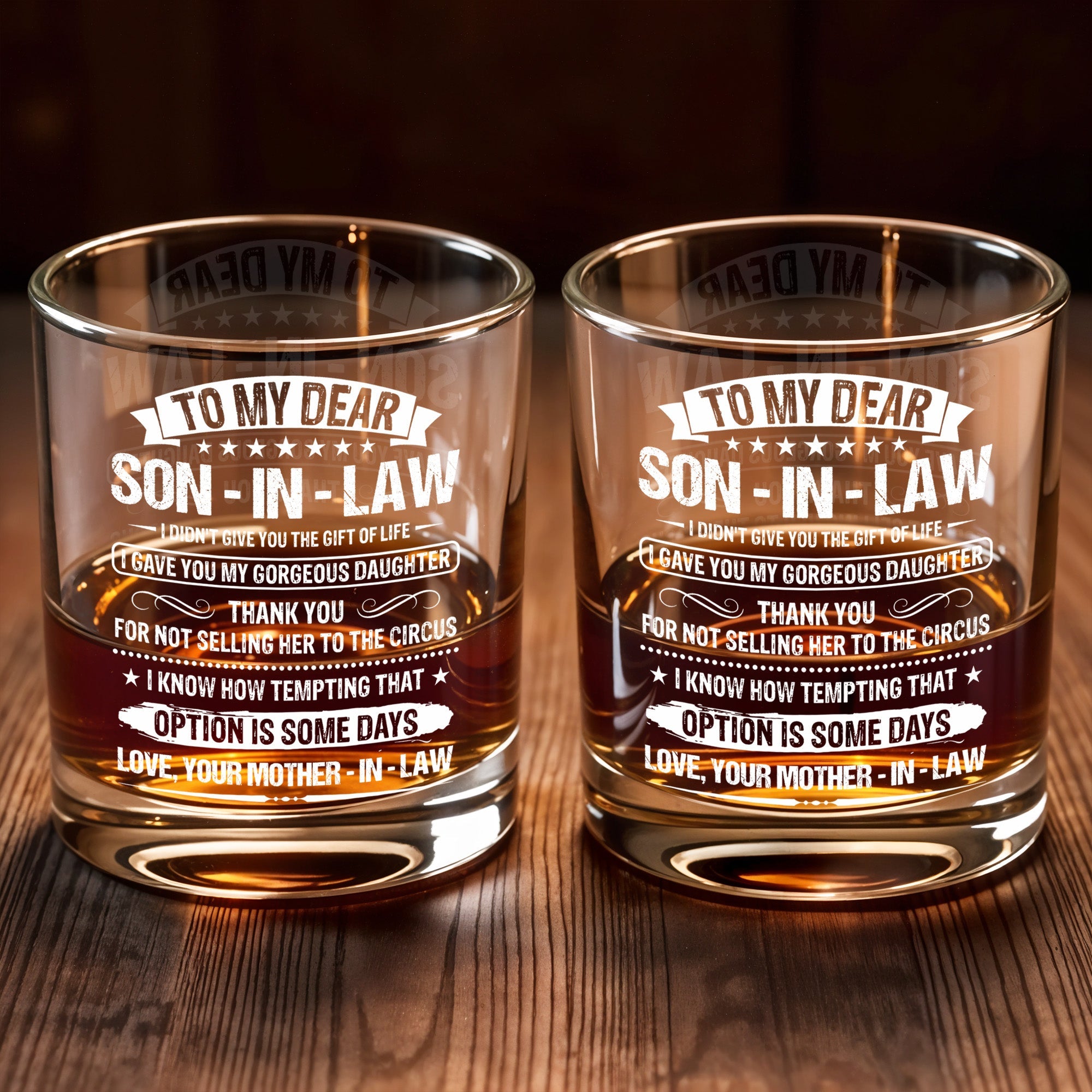 To My Dear Son In Law Typography Stars Decorative Gift - Personalized Custom Whiskey Glass - SILA038_RWG