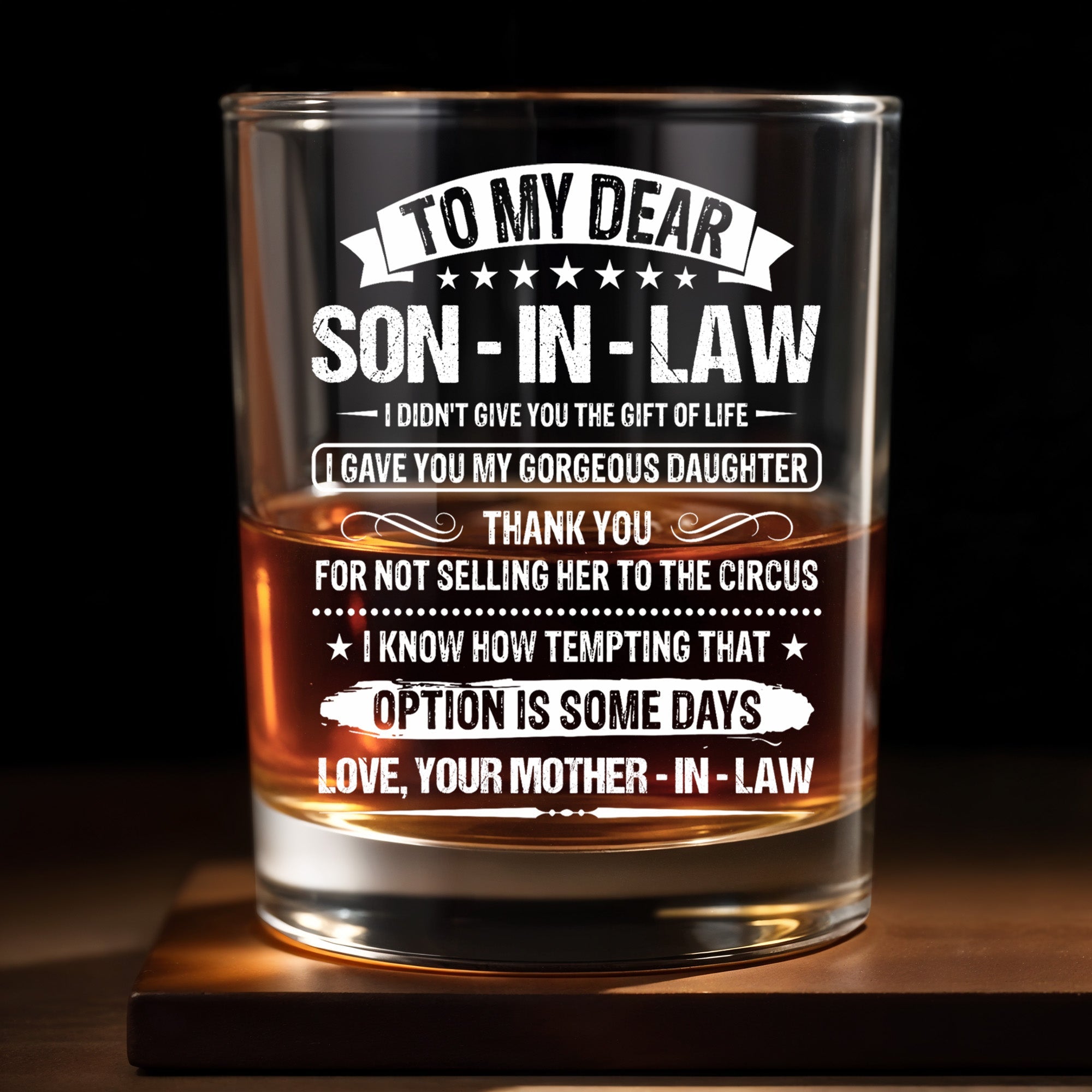 To My Dear Son In Law Typography Stars Decorative Gift - Personalized Custom Whiskey Glass - SILA038_RWG