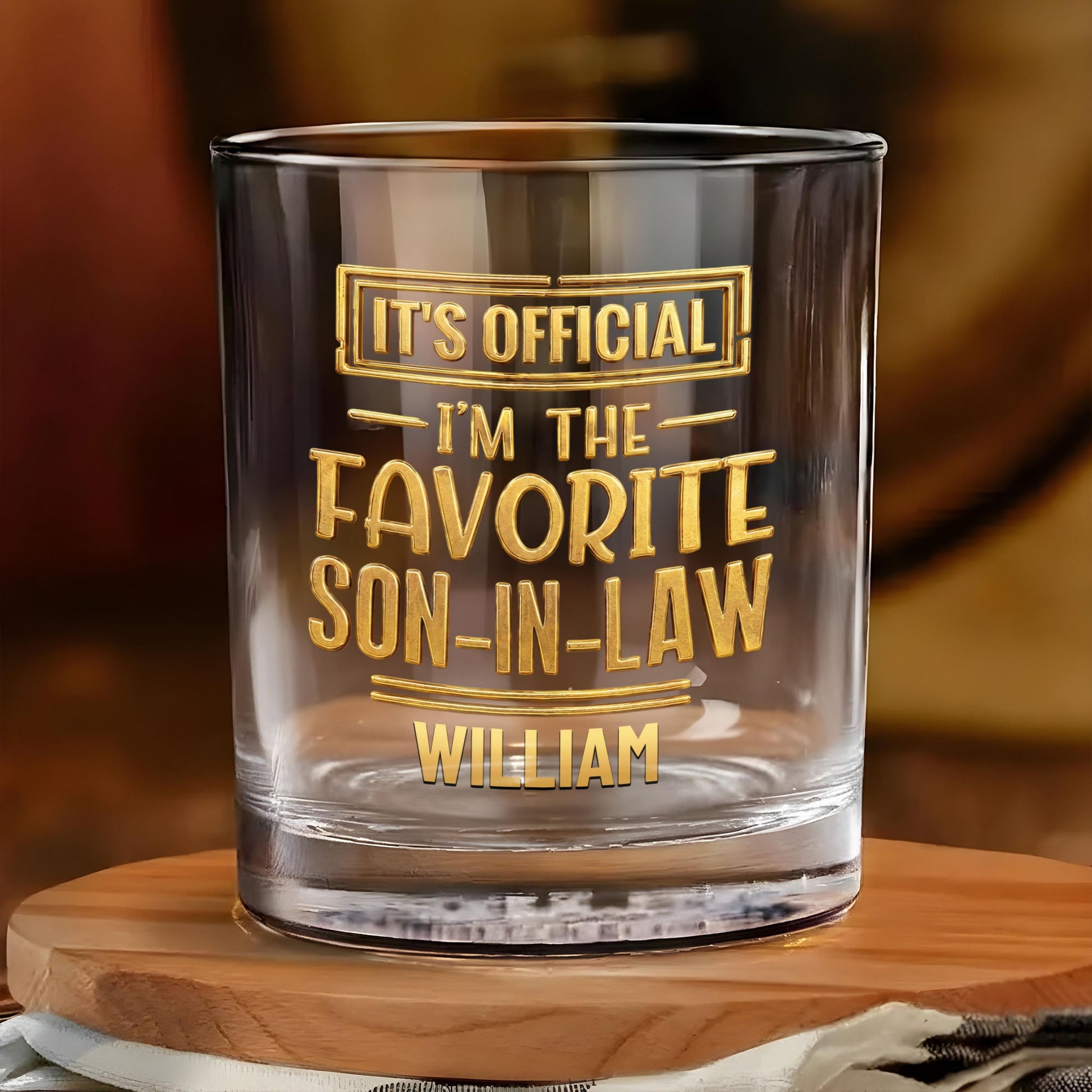 It's Official I'm The Favorite Son In Law 3D Golden Text - Personalized Whiskey Glass - SILA041_PRIWI