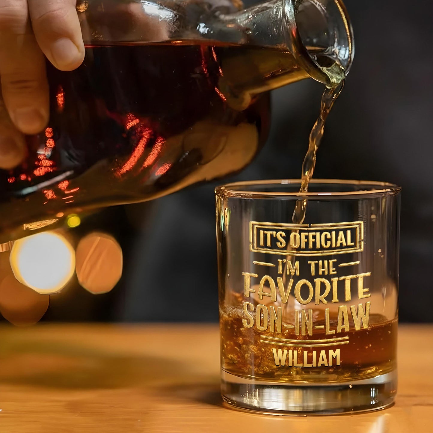 It's Official I'm The Favorite Son In Law 3D Golden Text - Personalized Whiskey Glass - SILA041_PRIWI