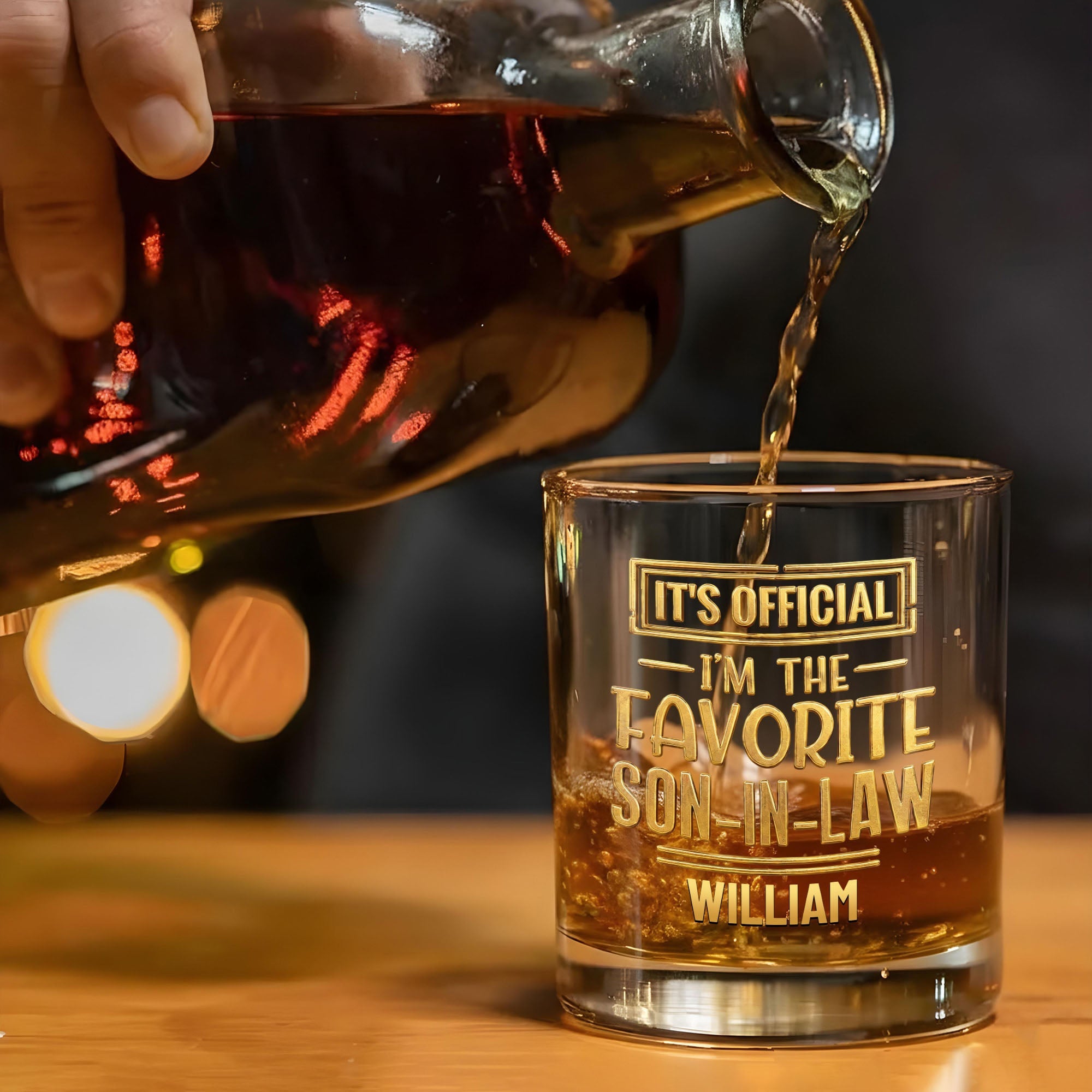 It's Official I'm The Favorite Son In Law 3D Golden Text - Personalized Whiskey Glass - SILA041_PRIWI