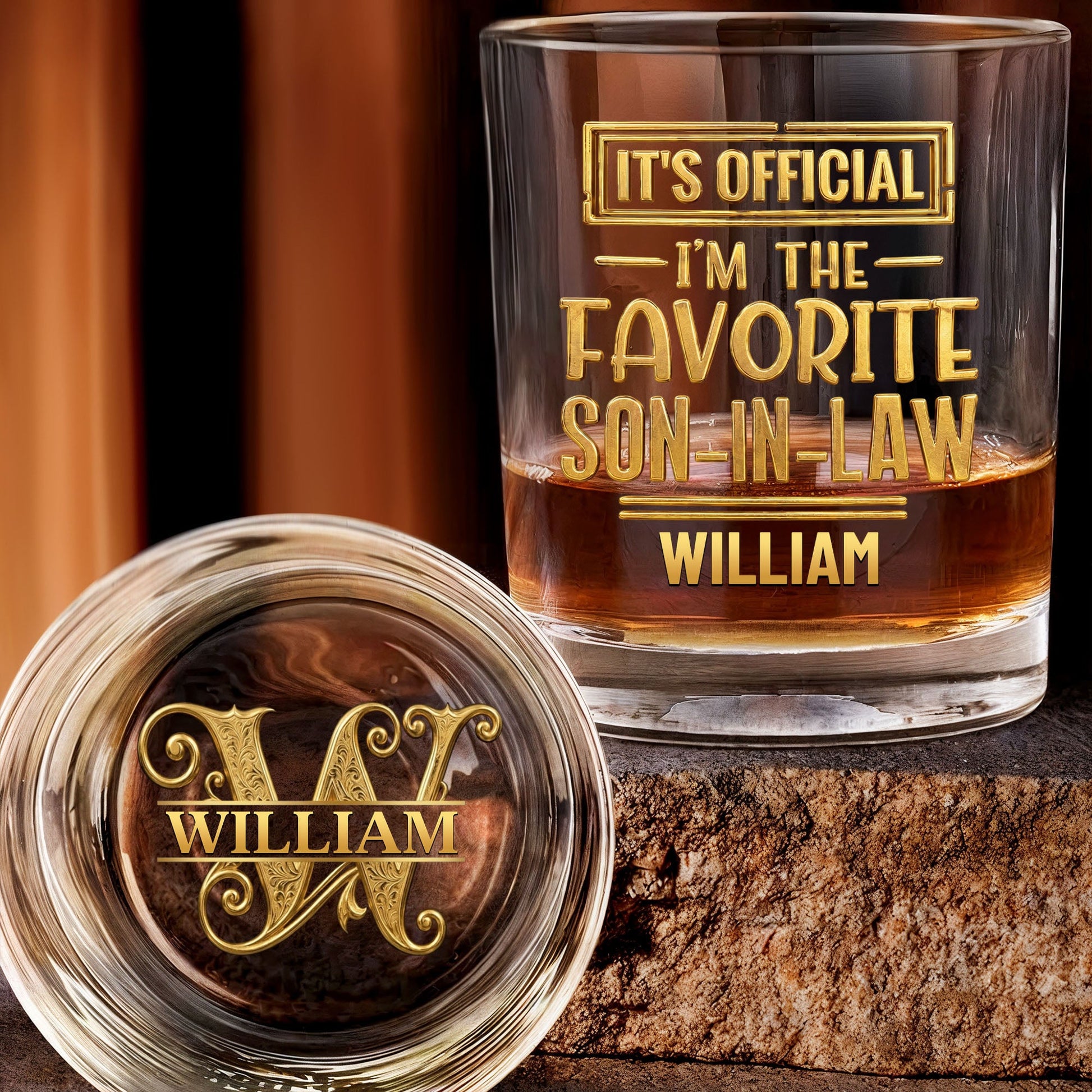 It's Official I'm The Favorite Son In Law 3D Golden Text - Personalized Whiskey Glass - SILA041_PRIWI
