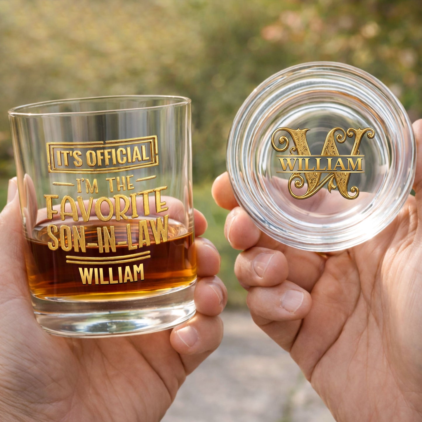 It's Official I'm The Favorite Son In Law 3D Golden Text - Personalized Whiskey Glass - SILA041_PRIWI