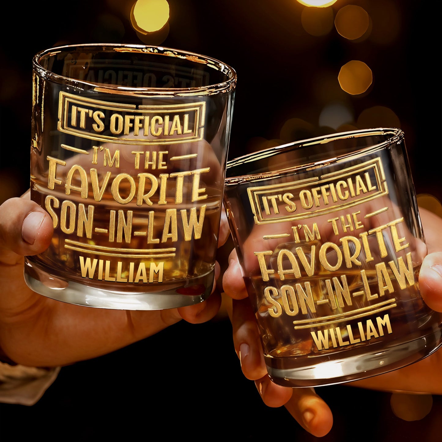 It's Official I'm The Favorite Son In Law 3D Golden Design - Personalized Custom Whiskey Glass - SILA041_RWG