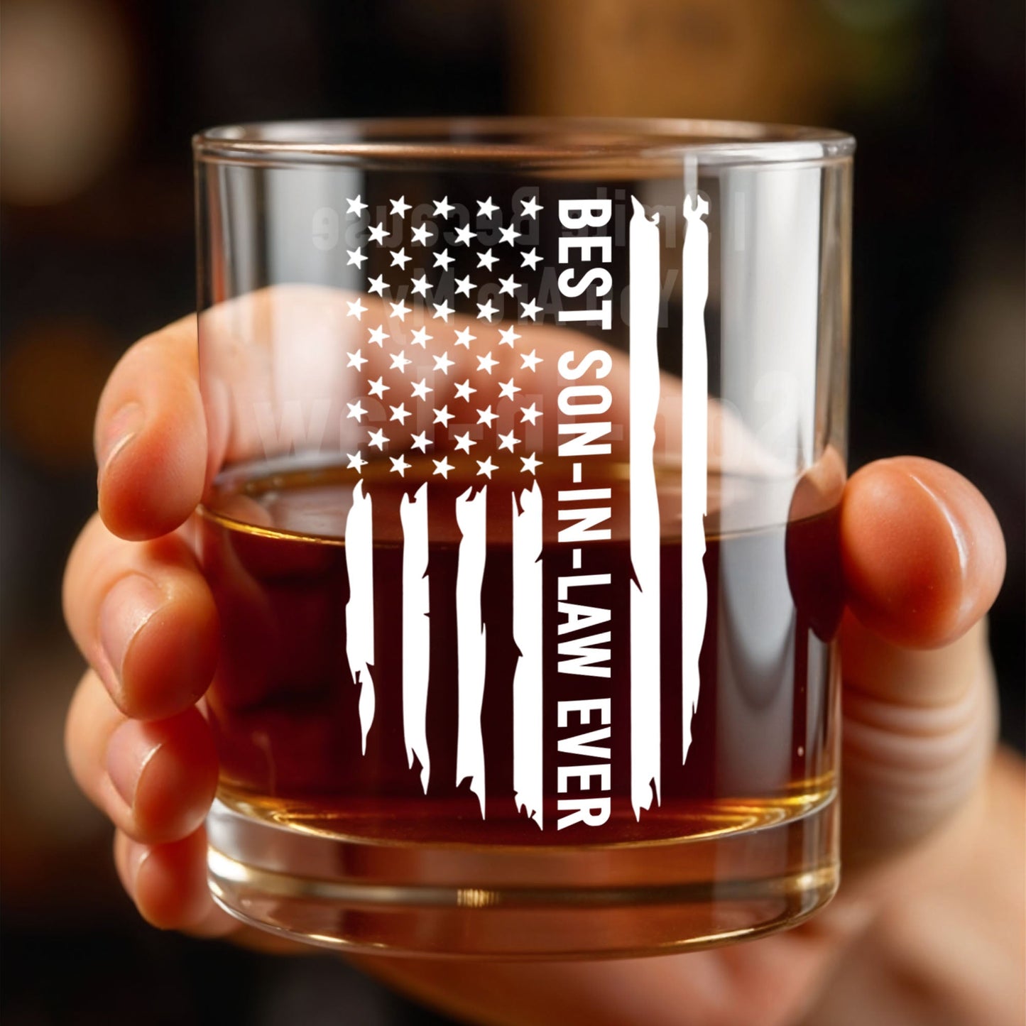 Best Son In Law Ever Patriotic American Flag - Personalized Custom Whiskey Glass - SILA048_RWG