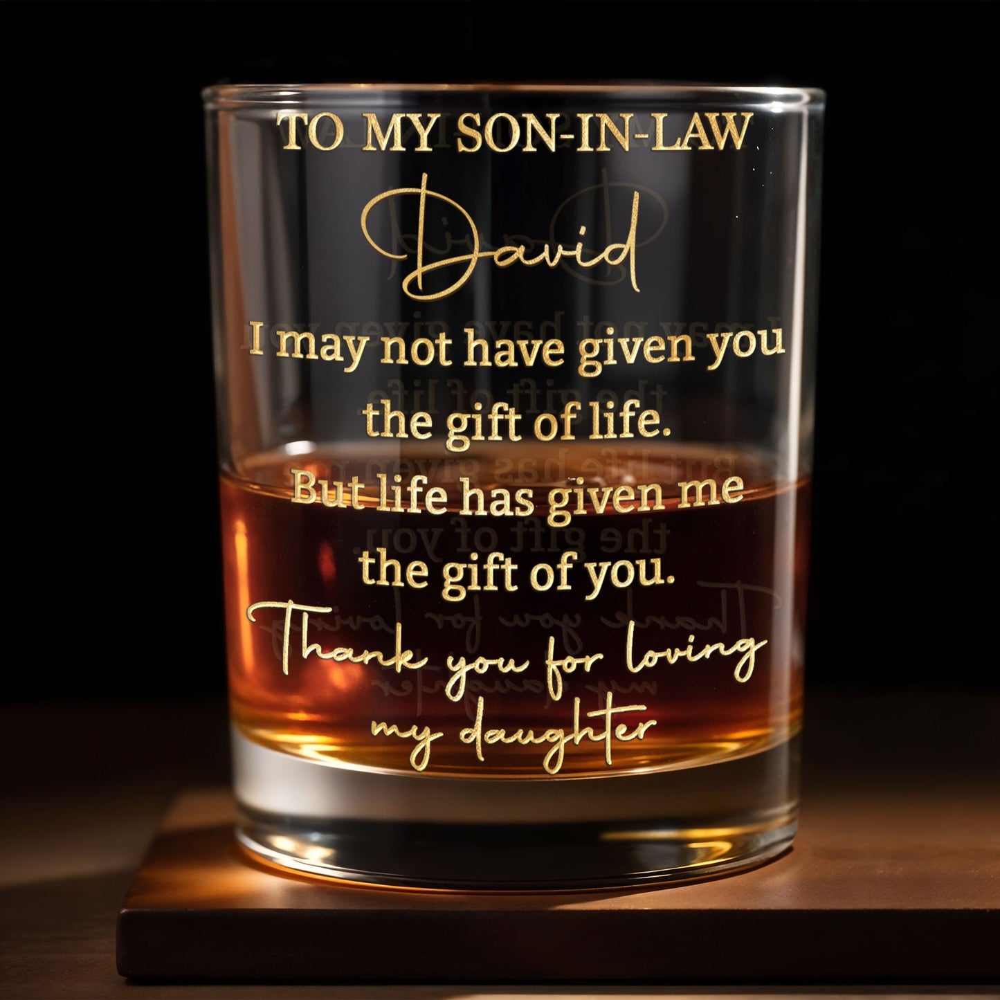 To My Son In Law Gift Of Life Loving My Daughter Gold Text - Personalized Custom Whiskey Glass - SILA064_RWG