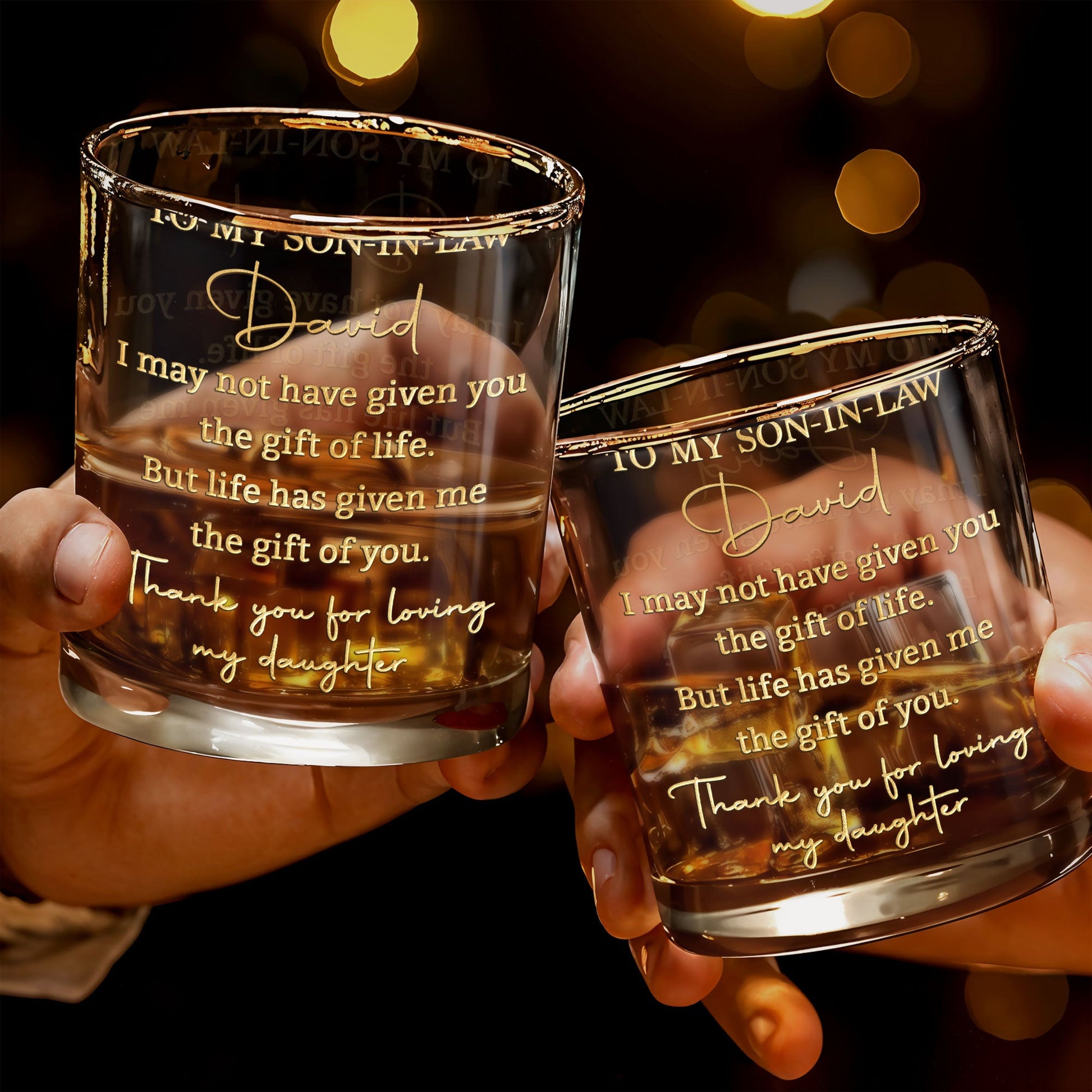 To My Son In Law Gift Of Life Loving My Daughter Gold Text - Personalized Custom Whiskey Glass - SILA064_RWG