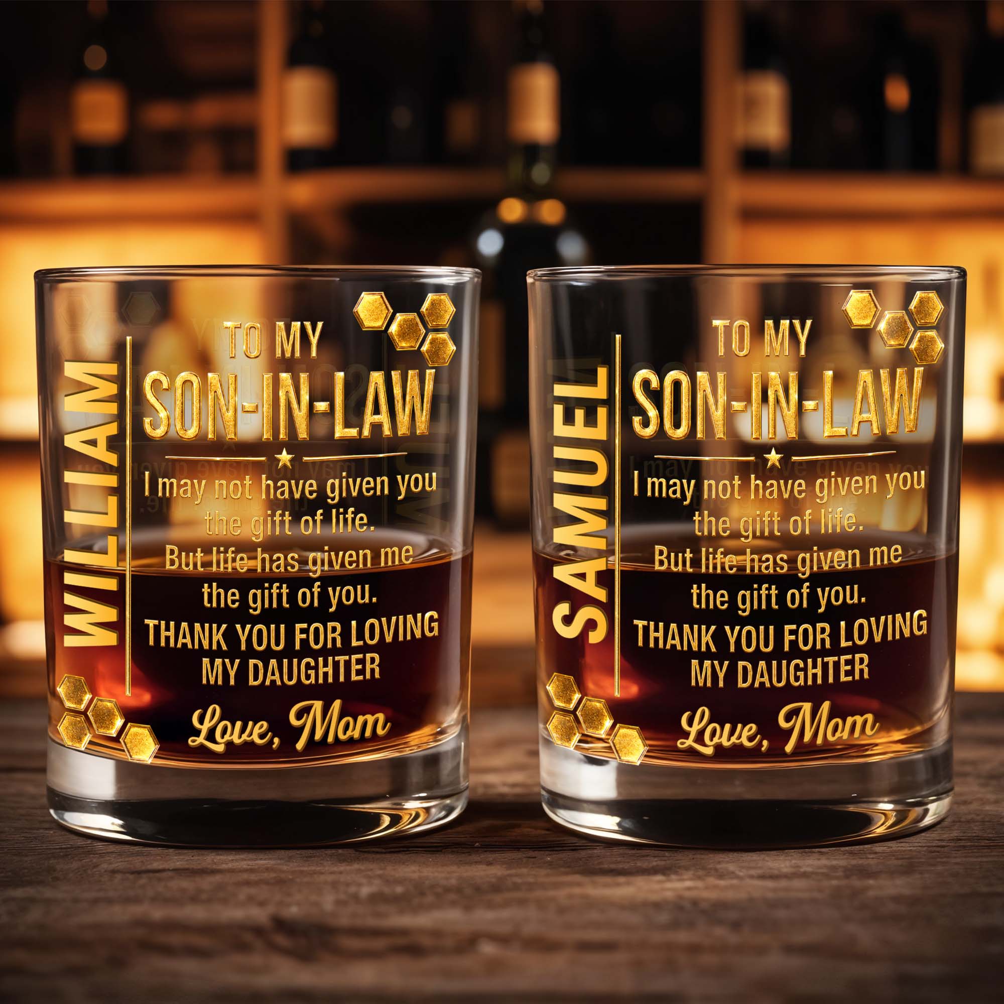 To My Son In Law Life Has Given Me The Gift Of You Golden Hexagons - Personalized Custom Whiskey Glass - SILA066_RWG