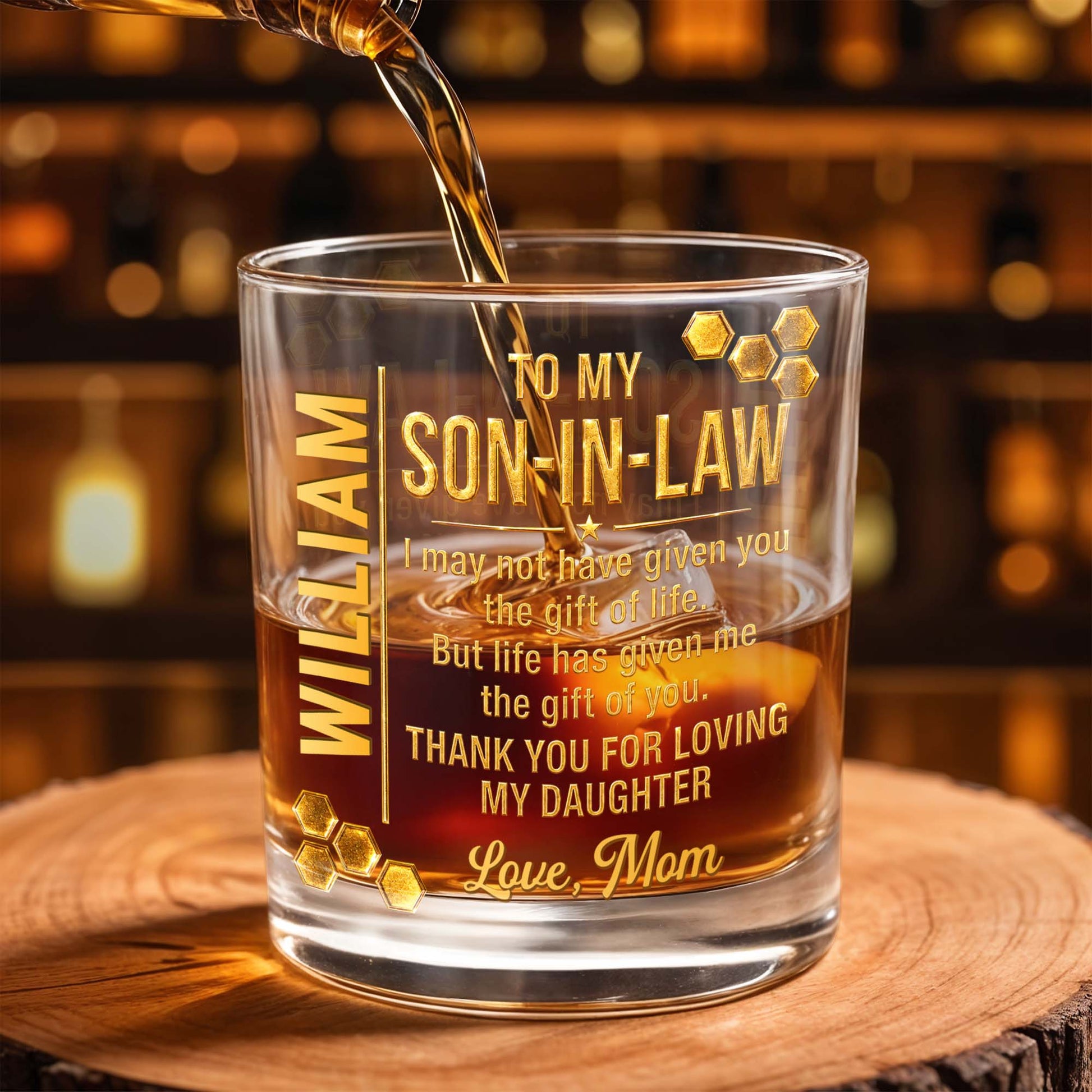 To My Son In Law Life Has Given Me The Gift Of You Golden Hexagons - Personalized Custom Whiskey Glass - SILA066_RWG
