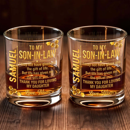 To My Son In Law Life Has Given Me The Gift Of You Golden Hexagons - Personalized Custom Whiskey Glass - SILA066_RWG