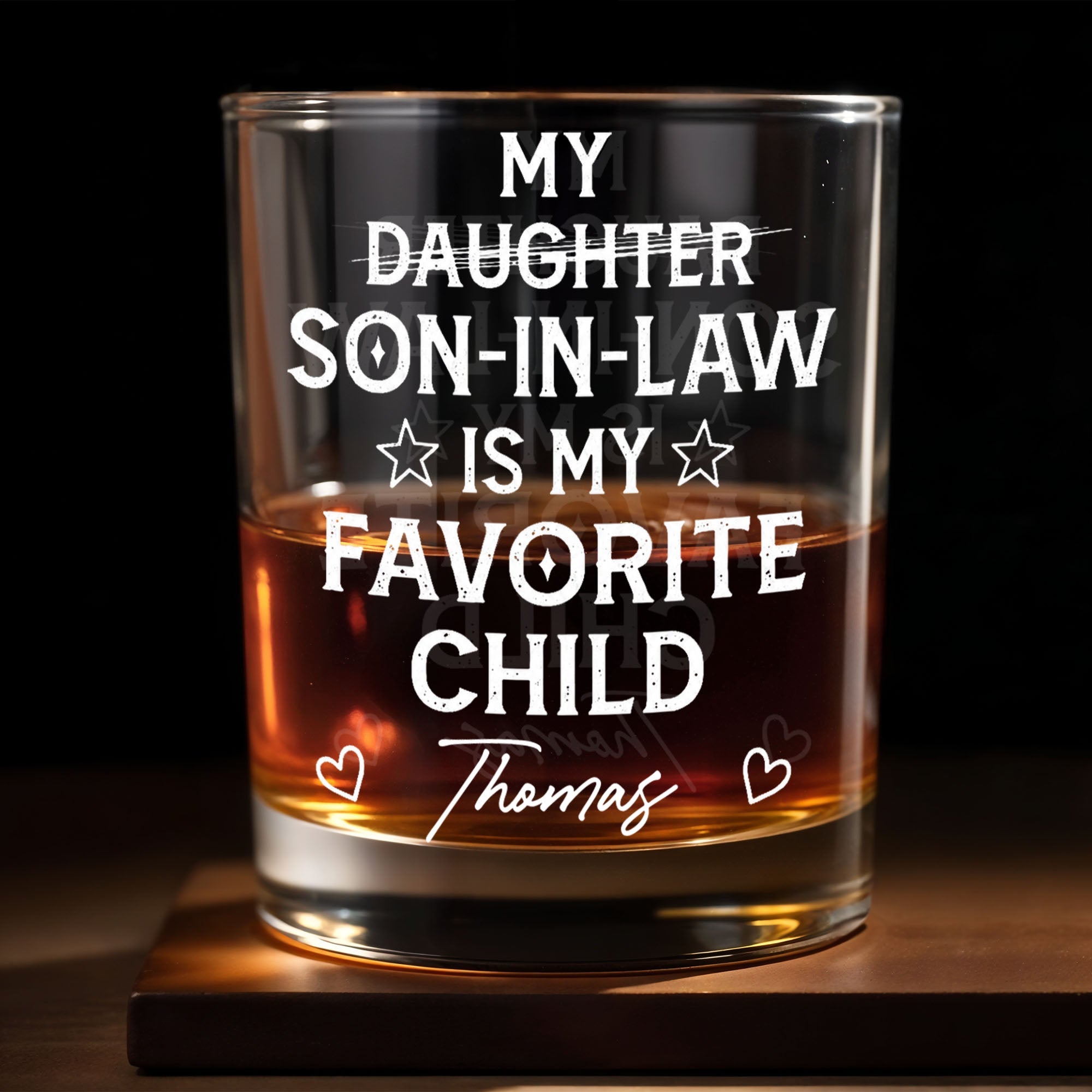 My Son In Law Is My Favorite Child Personalized Glass With Stars And Hearts - Personalized Custom Whiskey Glass - SILA069_RWG