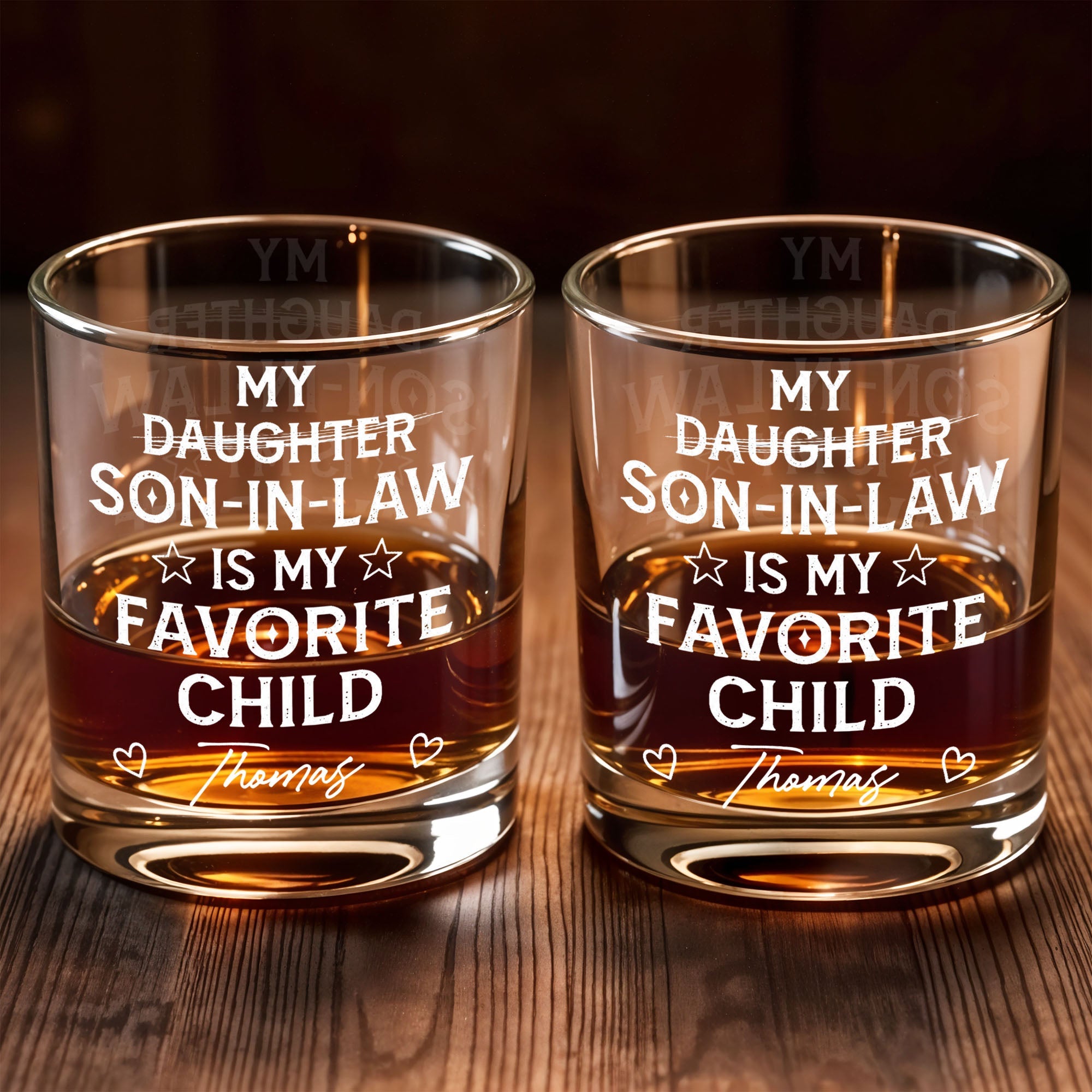 My Son In Law Is My Favorite Child Personalized Glass With Stars And Hearts - Personalized Custom Whiskey Glass - SILA069_RWG