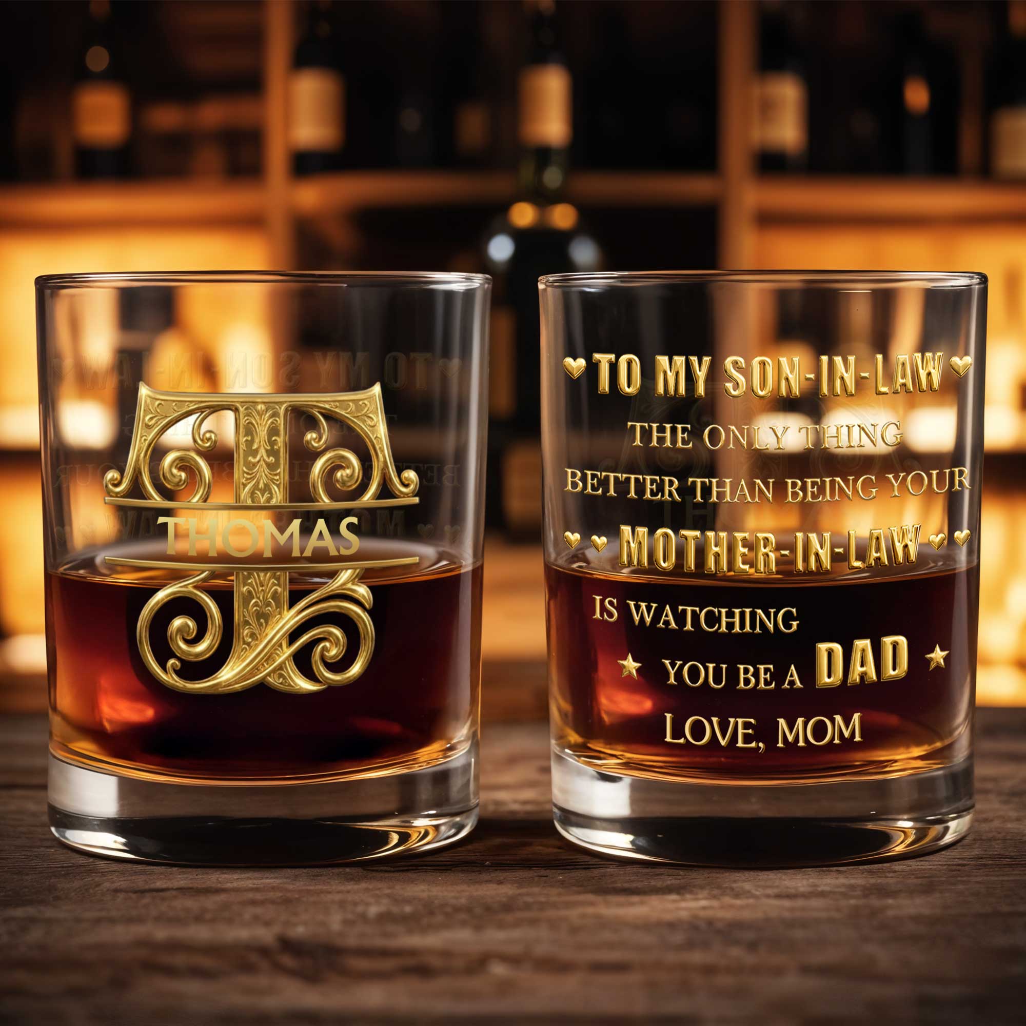 To My Son In Law Custom Name With 3D Golden Filigree Monogram - Personalized Custom Whiskey Glass - SILA072_RWG