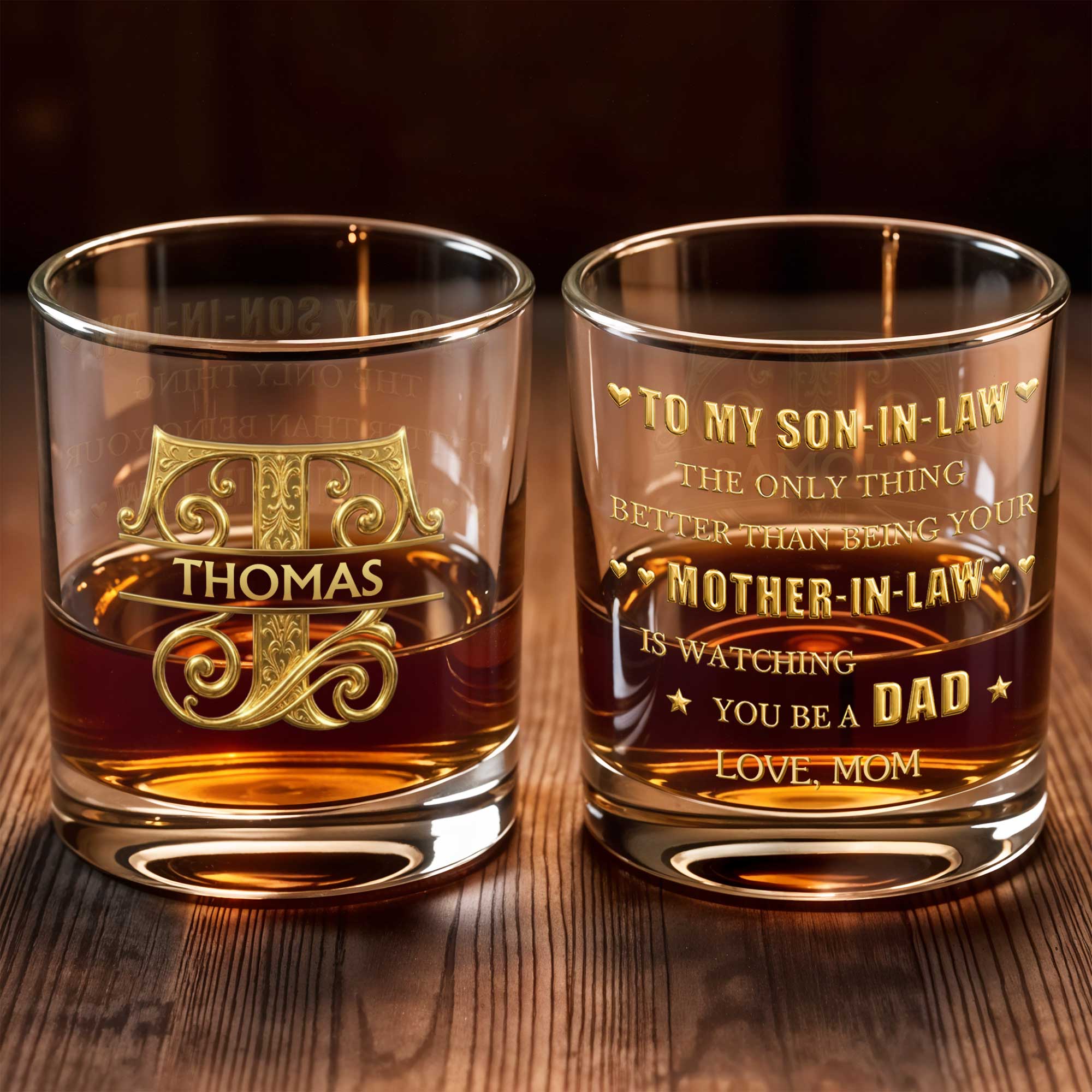 To My Son In Law Custom Name With 3D Golden Filigree Monogram - Personalized Custom Whiskey Glass - SILA072_RWG