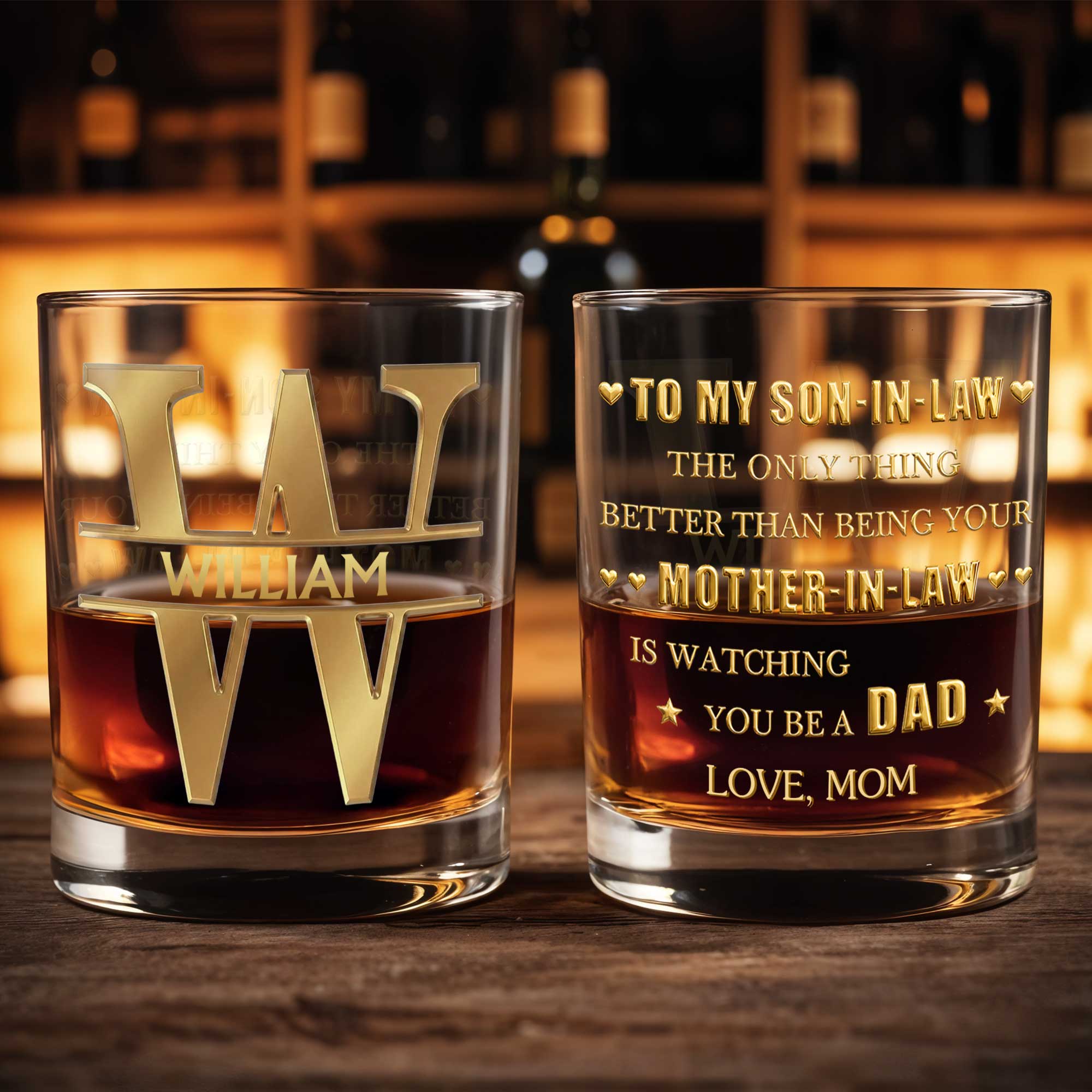 Custom Monogram and Name Personalized Initial With 3D Golden Design - Personalized Custom Whiskey Glass - SILA073_RWG