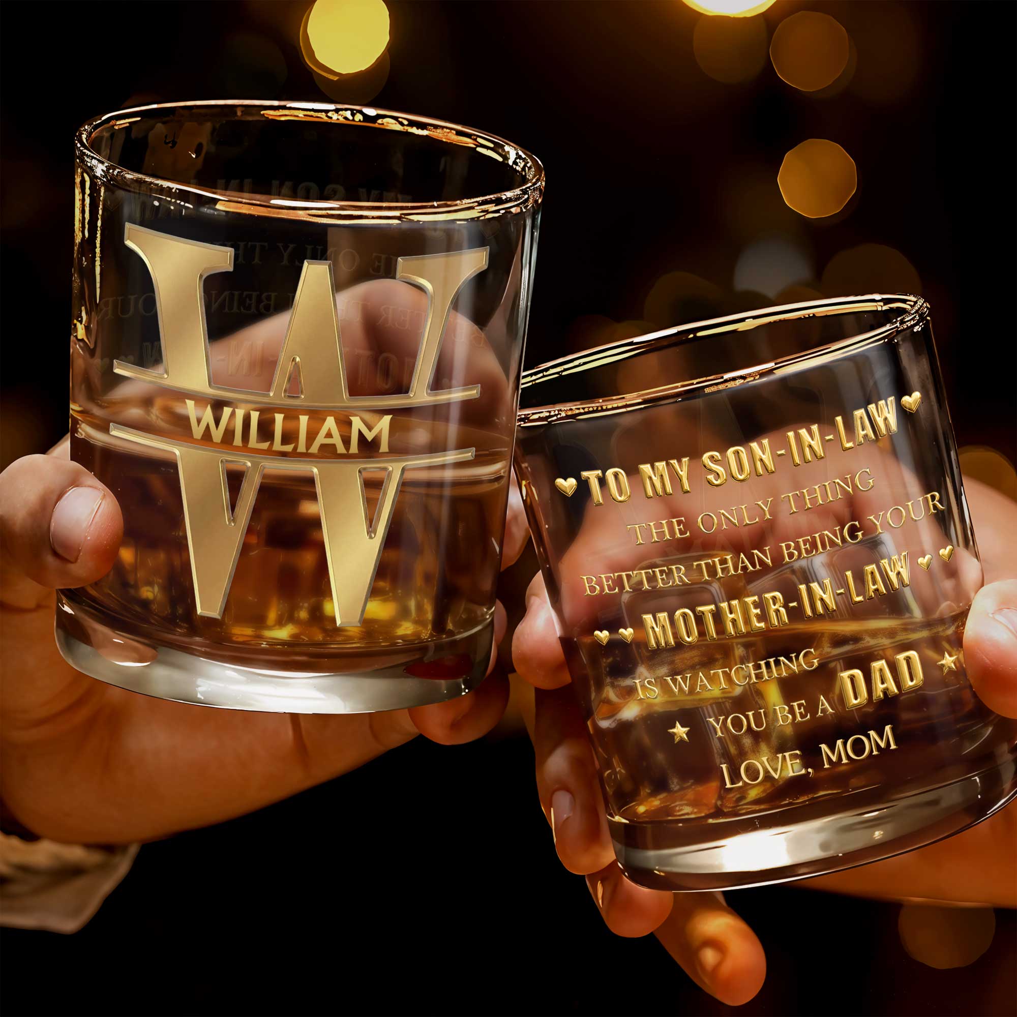 Custom Monogram and Name Personalized Initial With 3D Golden Design - Personalized Custom Whiskey Glass - SILA073_RWG