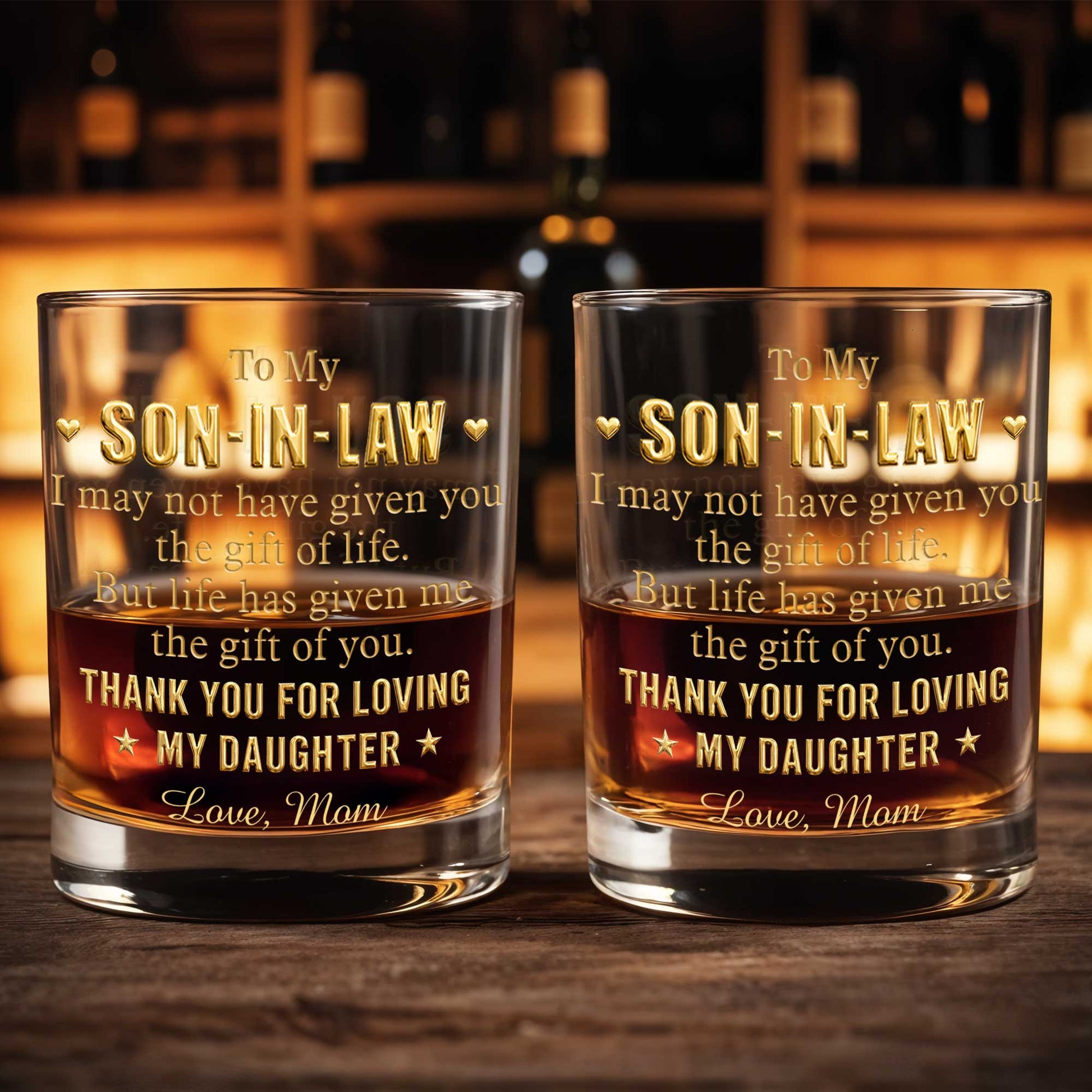 To My Son In Law Thank You For Loving My Daughter Golden Stars - Personalized Custom Whiskey Glass - SILA076_RWG