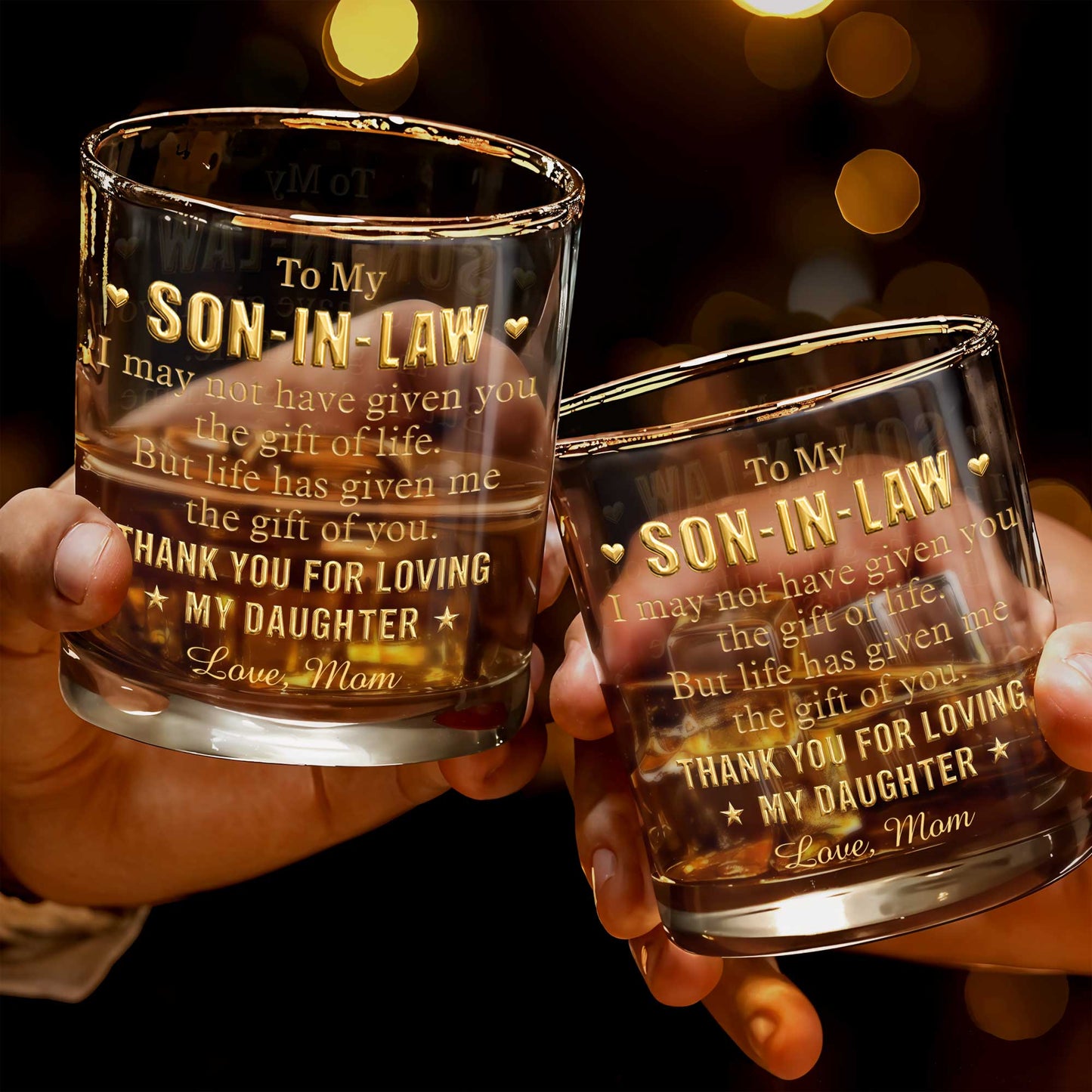 To My Son In Law Thank You For Loving My Daughter Golden Stars - Personalized Custom Whiskey Glass - SILA076_RWG
