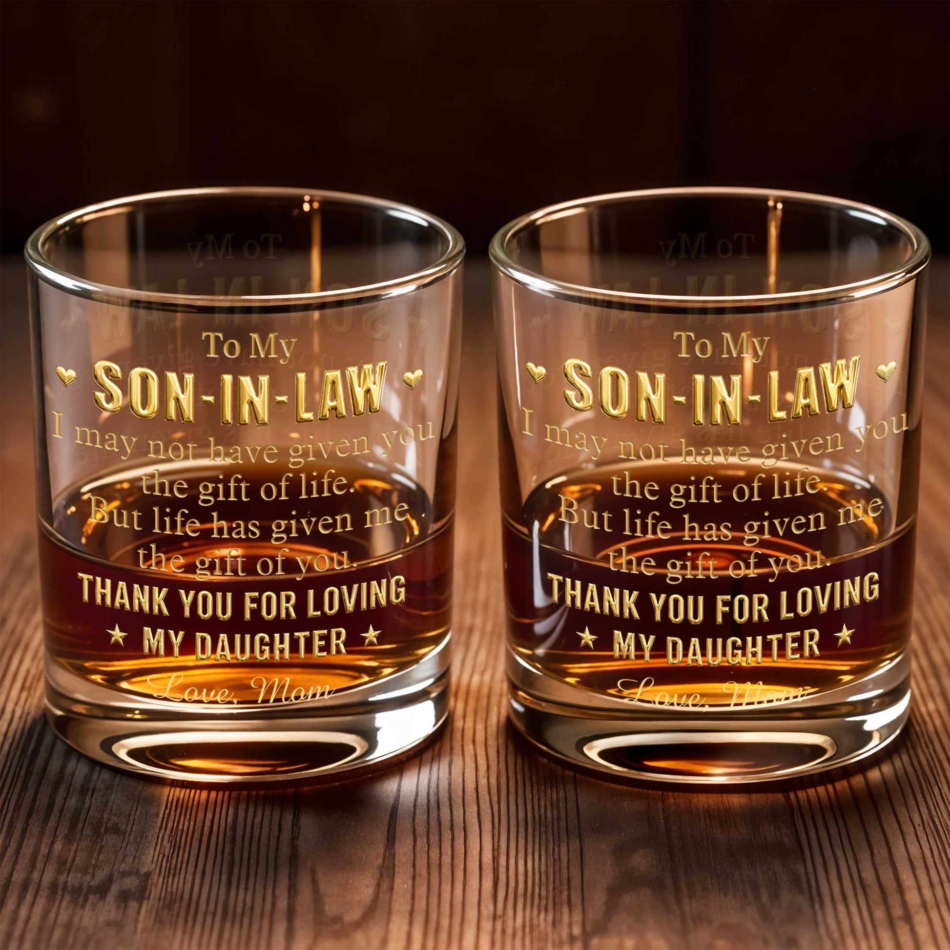 To My Son In Law Thank You For Loving My Daughter Golden Stars - Personalized Custom Whiskey Glass - SILA076_RWG