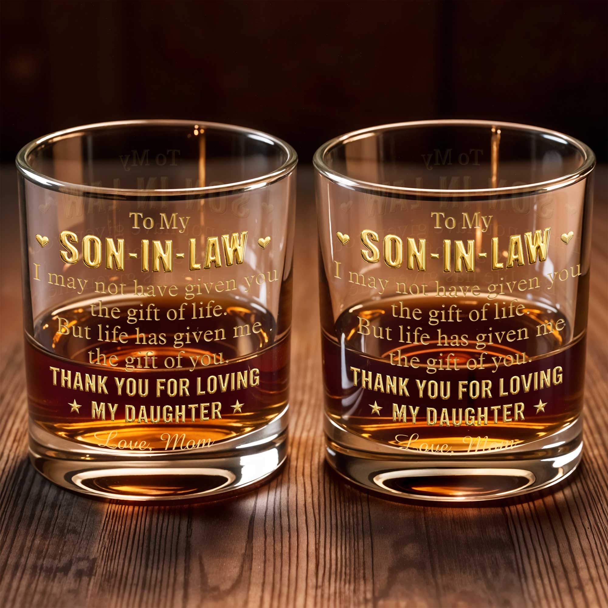 To My Son In Law Thank You For Loving My Daughter Golden Stars - Personalized Custom Whiskey Glass - SILA076_RWG