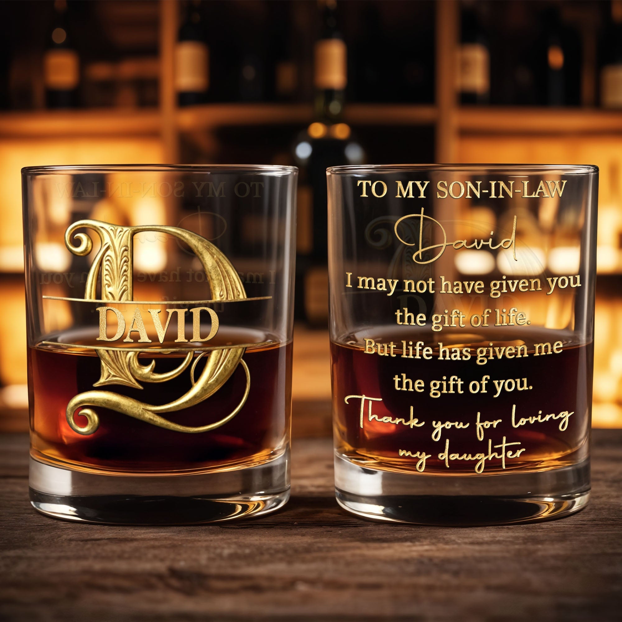 To My Son In Law Life Has Given Me The Gift Of You Golden Monogram - Personalized Custom Whiskey Glass - SILA078_RWG